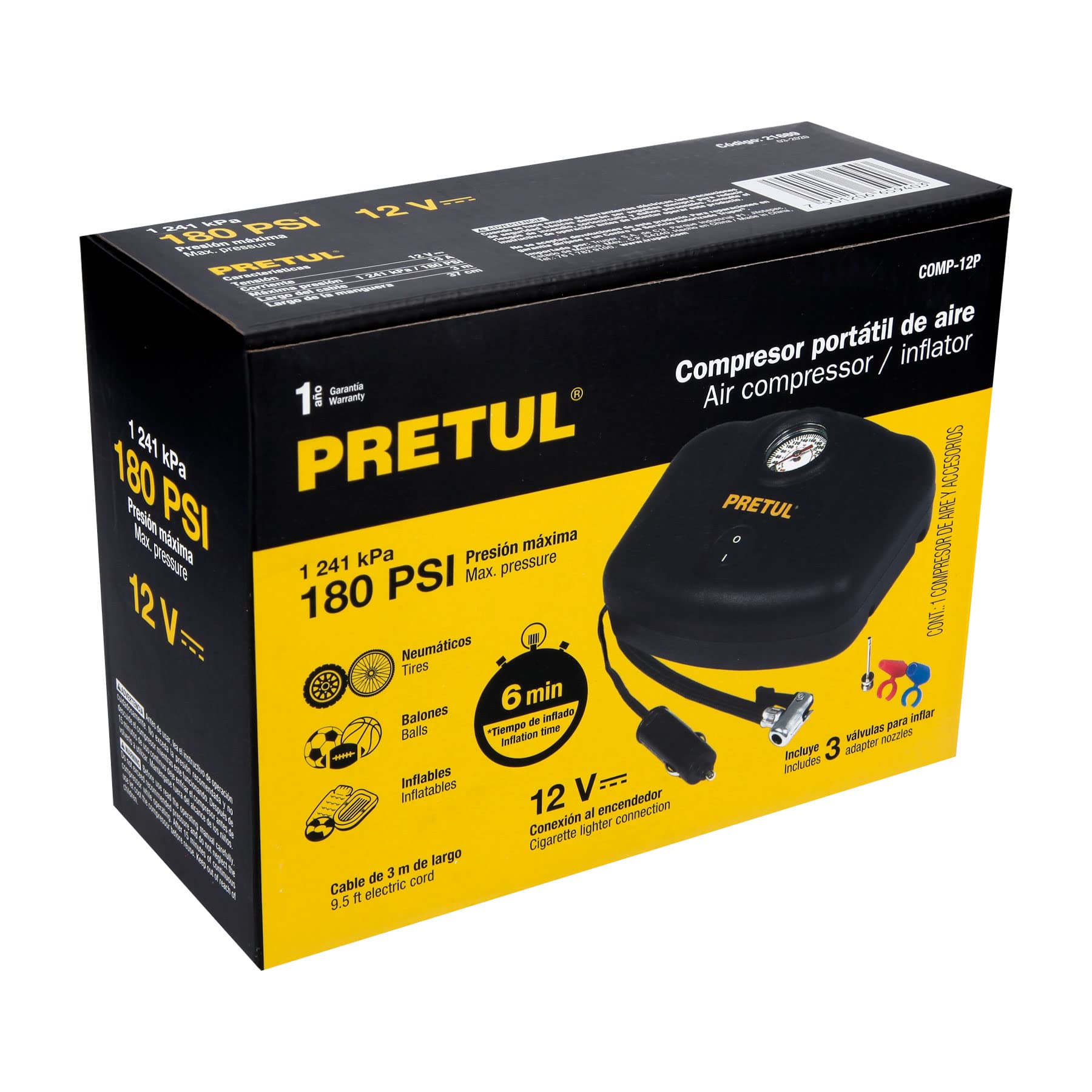 12V Portable Air Compressor for Car Tires - Pretul - Inflate Tires, Sports Balls & Inflatables Quickly Anywhere
