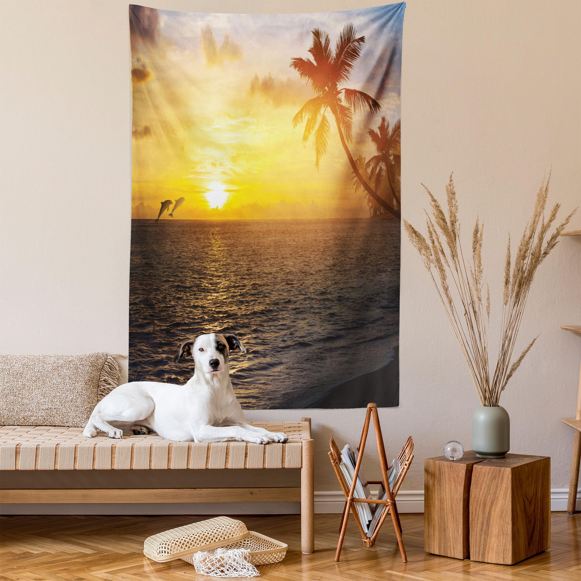 Ambesonne Tropical Beach Tapestry - 40x60 Inch Palm Tree Sunset Wall Hanging Decor for Bedroom, Living Room, Dorm | Coastal Theme Home & Beach House Decoration