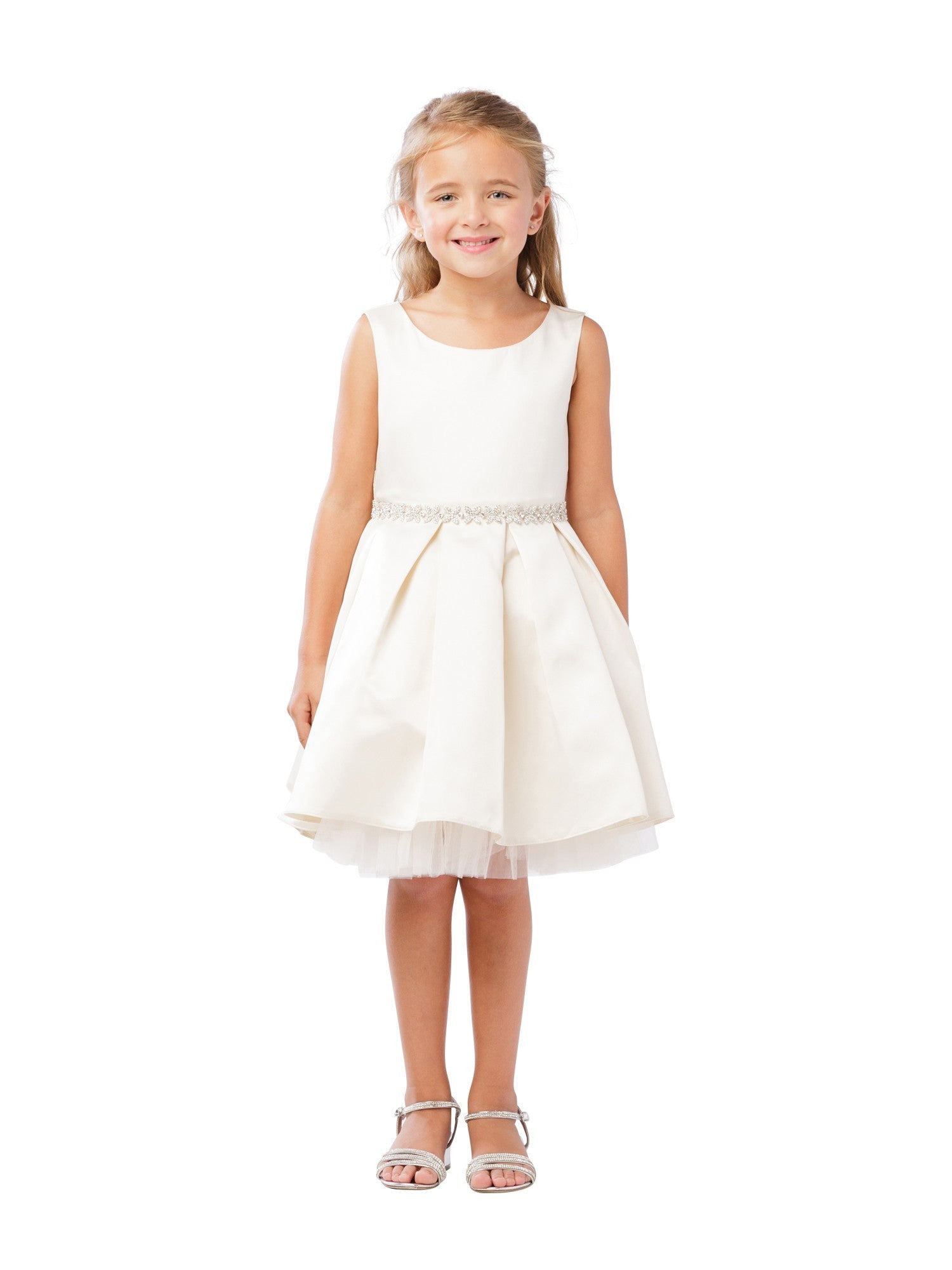 Elegant Champagne Rhinestone Tulle Satin Pleated Junior Bridesmaid Dress for Big Girls - Sizes 8-12 | Perfect for Weddings, Prom, Quinceañeras & Special Occasions