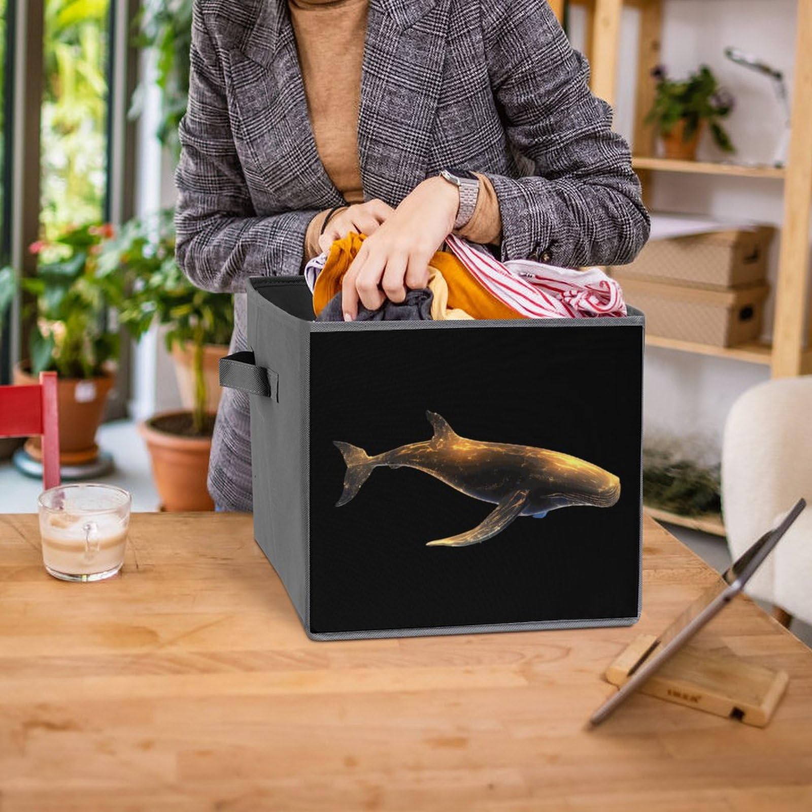 Glowing Cute Whale Foldable Storage Bins - 6 Pack Collapsible Fabric Cube Organizers with Handles for Kids Room, Nursery, Closet & Toy Organization