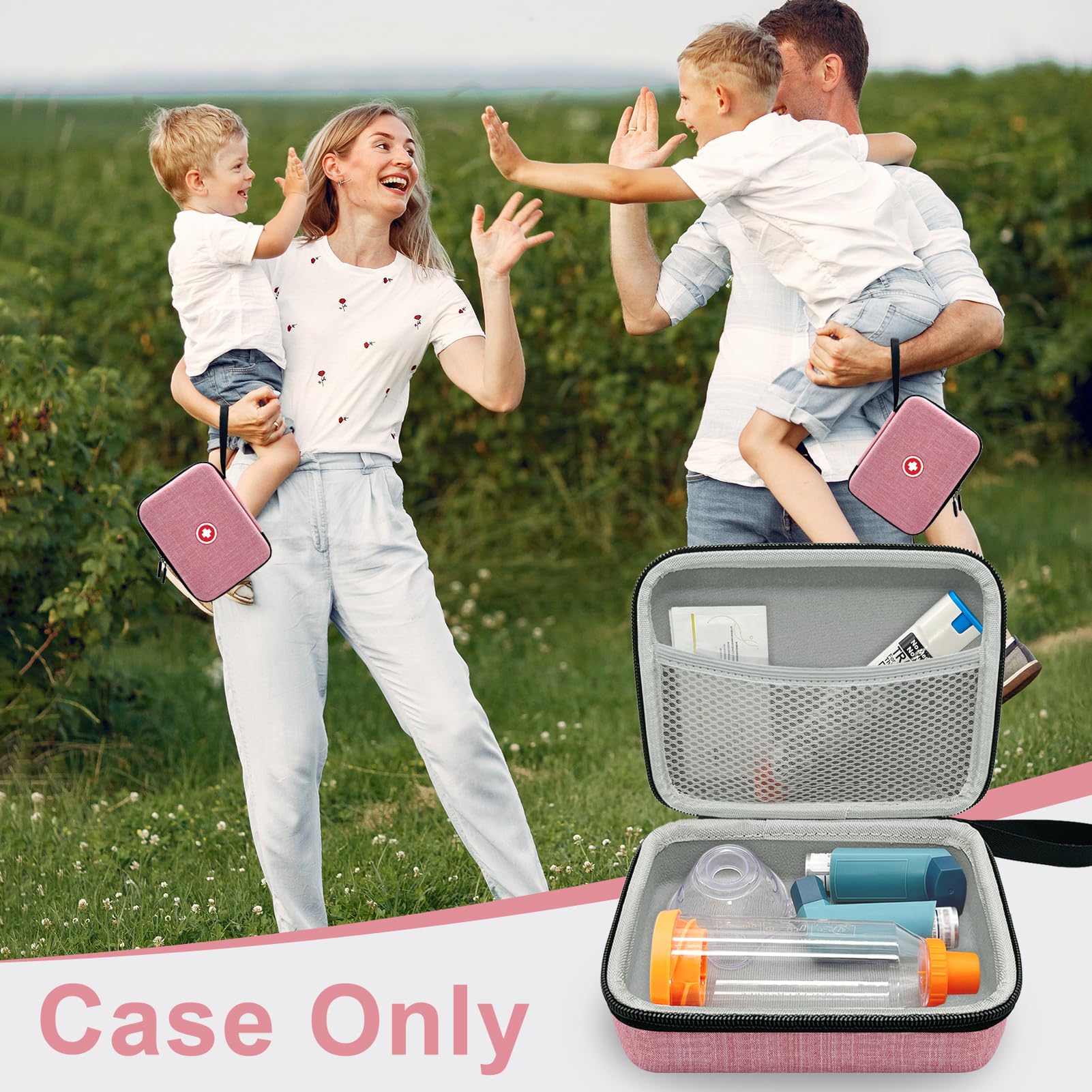 Asthma Inhaler Travel Case - Portable Hard Shell Organizer for Kids & Adults with Mesh Pocket - Holds Inhaler, Spacer, Masks & Medicine Accessories - Pink (Case Only) - Perfect for Travel, School & Daily Use
