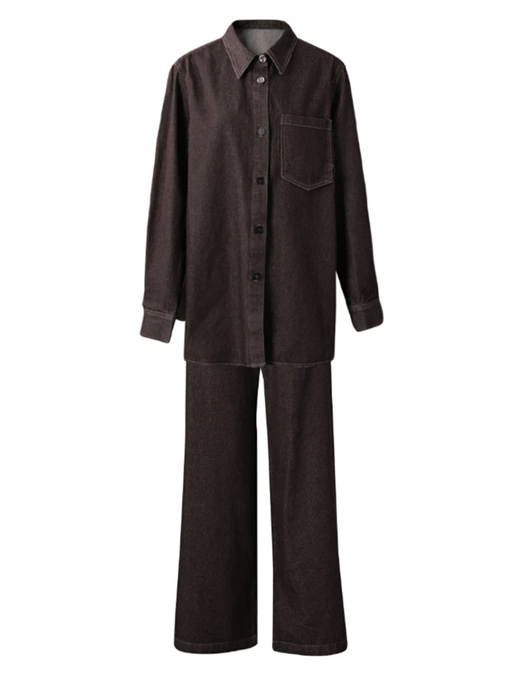 Big Size Denim Shirt & Wide Leg Pants Two-Piece Suit for Women | Lapel Long Sleeve Fashion Set | Spring Autumn 2025 Trendy Outfit | CPG2885 | Perfect for Office Wear, Casual Dates & Street Style