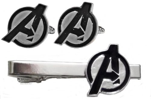Marvel Avengers Logo Tie Clip & Cufflinks Set - Silver Tone Superhero Gift for Men, Perfect for Weddings, Business Meetings & Comic Con Events