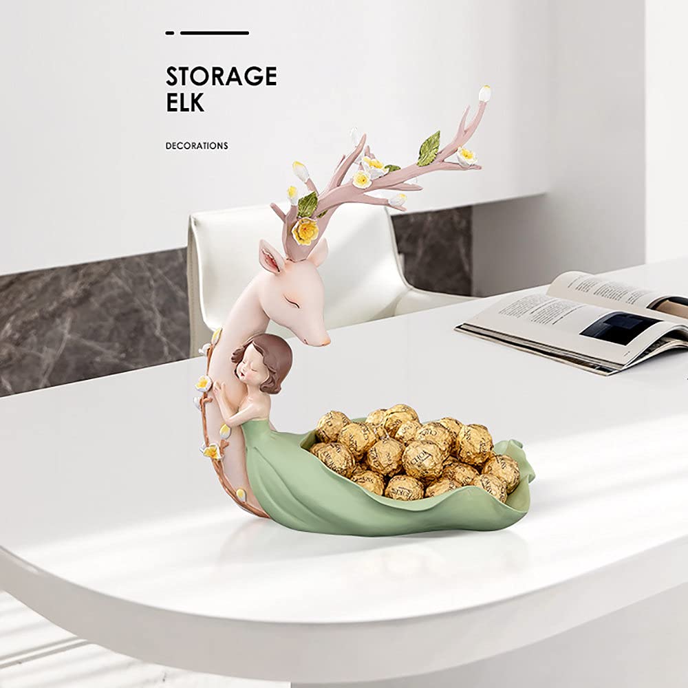 Nordic Style Resin Fruit & Candy Tray - Creative Storage Plate with Girl Sculpture, Modern Metal Key & Coin Holder for Living Room, Entryway, Desk Decor - Green, 17x23x27cm - Perfect for Home Decor, Party Serving & Organizing Small Items