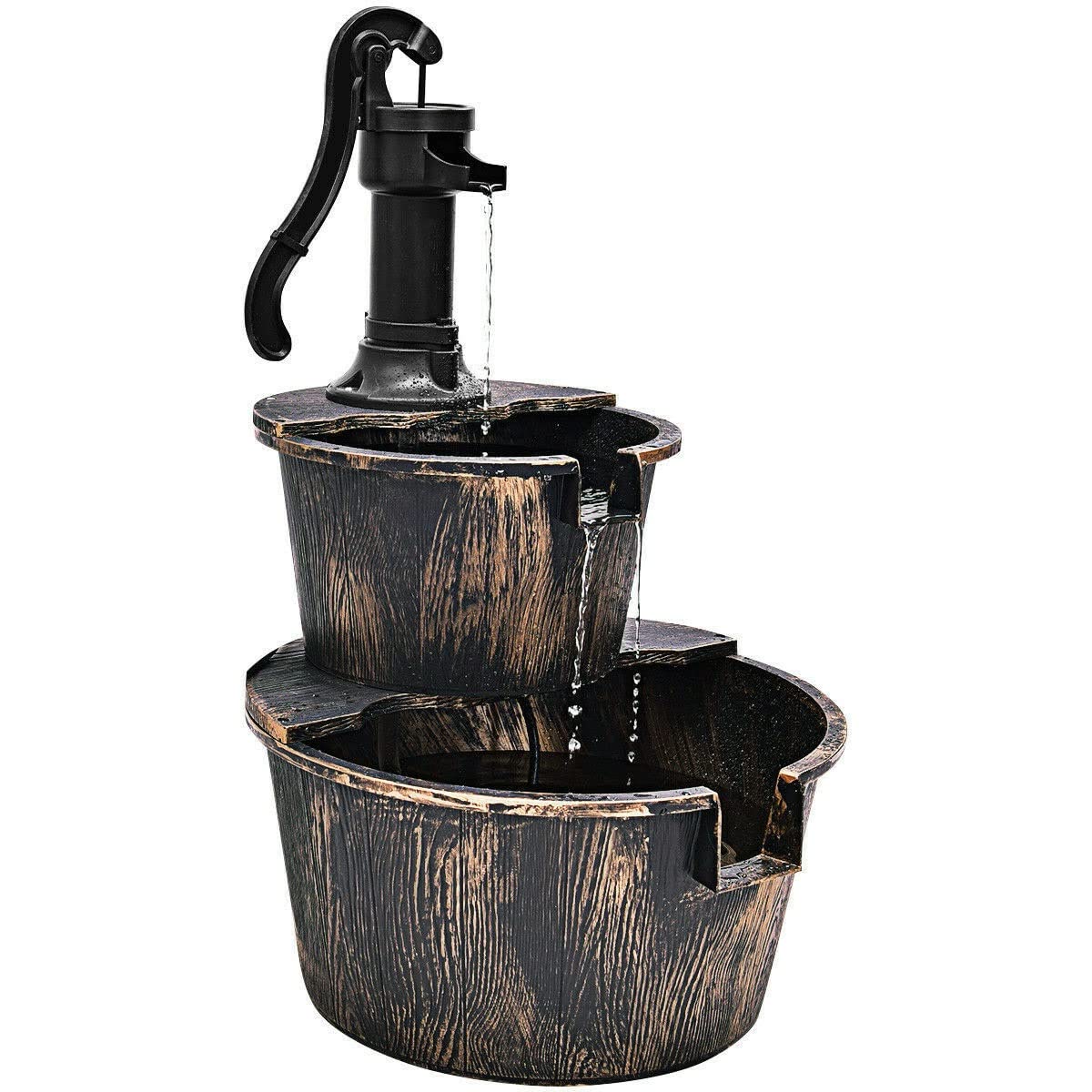 MiFirem 2-Tier Barrel Waterfall Fountain with Pump - Outdoor Garden Decor, Patio Water Feature for Relaxing Backyard Ambience