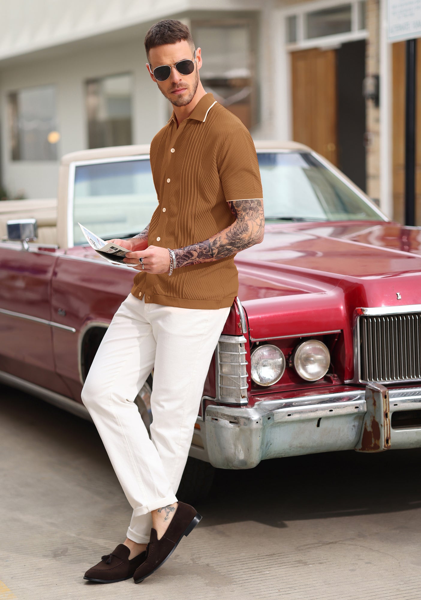 Men's Textured Cardigan Sweater - Short Sleeve Lapel Collar Button Up Knitwear for Casual Wear & Office Outfits