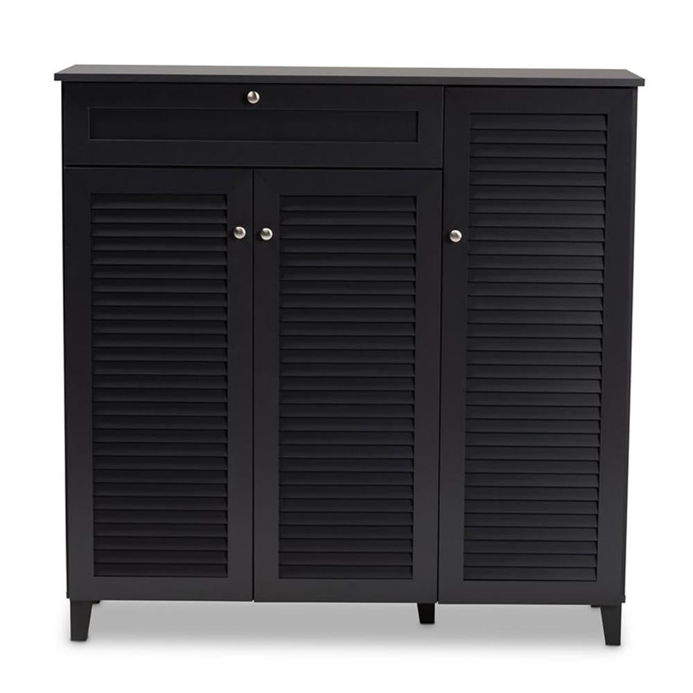 Baxton Studio Coolidge Modern 11-Shelf Shoe Storage Cabinet with Drawer - Dark Grey Wooden Organizer for Entryway, Bedroom & Closet Organization