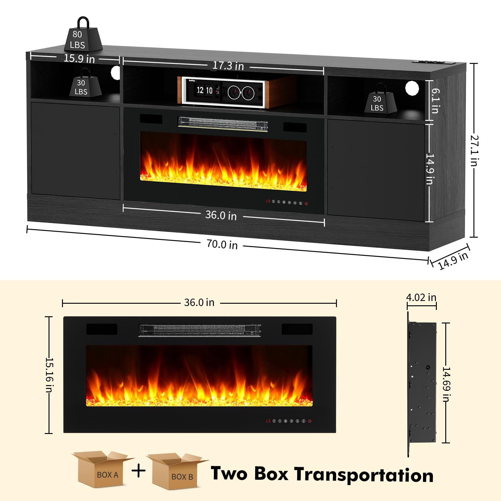 BREEZEHEAT 70 Inch TV Stand with Electric Fireplace - LED Entertainment Center for 80 Inch TVs - Modern TV Console with Storage Cabinets & Power Outlets - Black - Perfect for Living Room Home Theater Setup