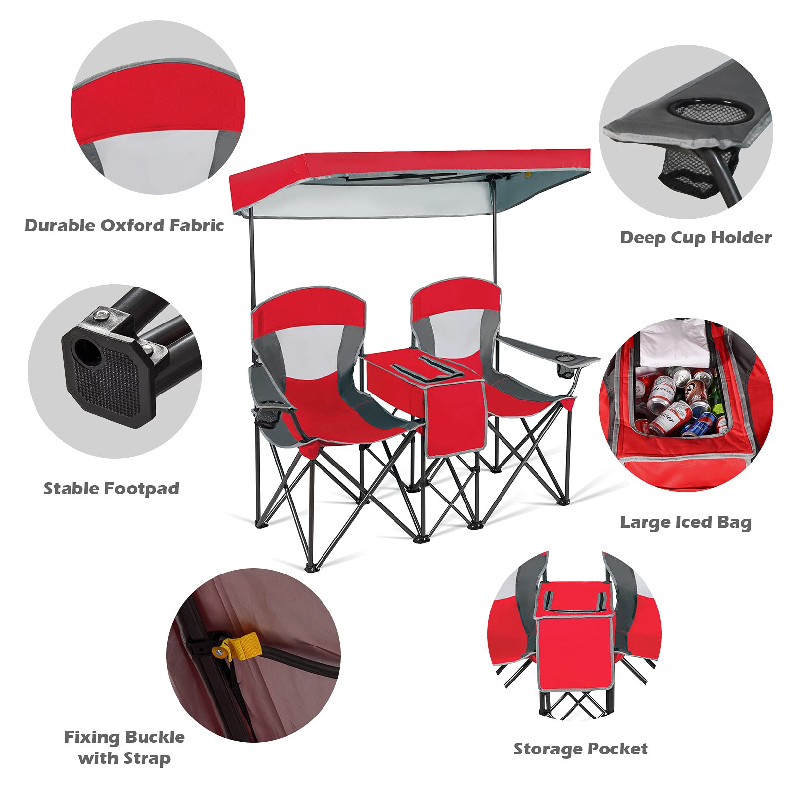 Goplus Double Beach Chair with Canopy Shade - Portable Folding Lawn & Camping Chairs with Sunshade, Mini Table, Beverage Holder & Carrying Bag - Perfect for Outdoor Travel, Hiking, Fishing, Poolside & Backyard Relaxation (Red)