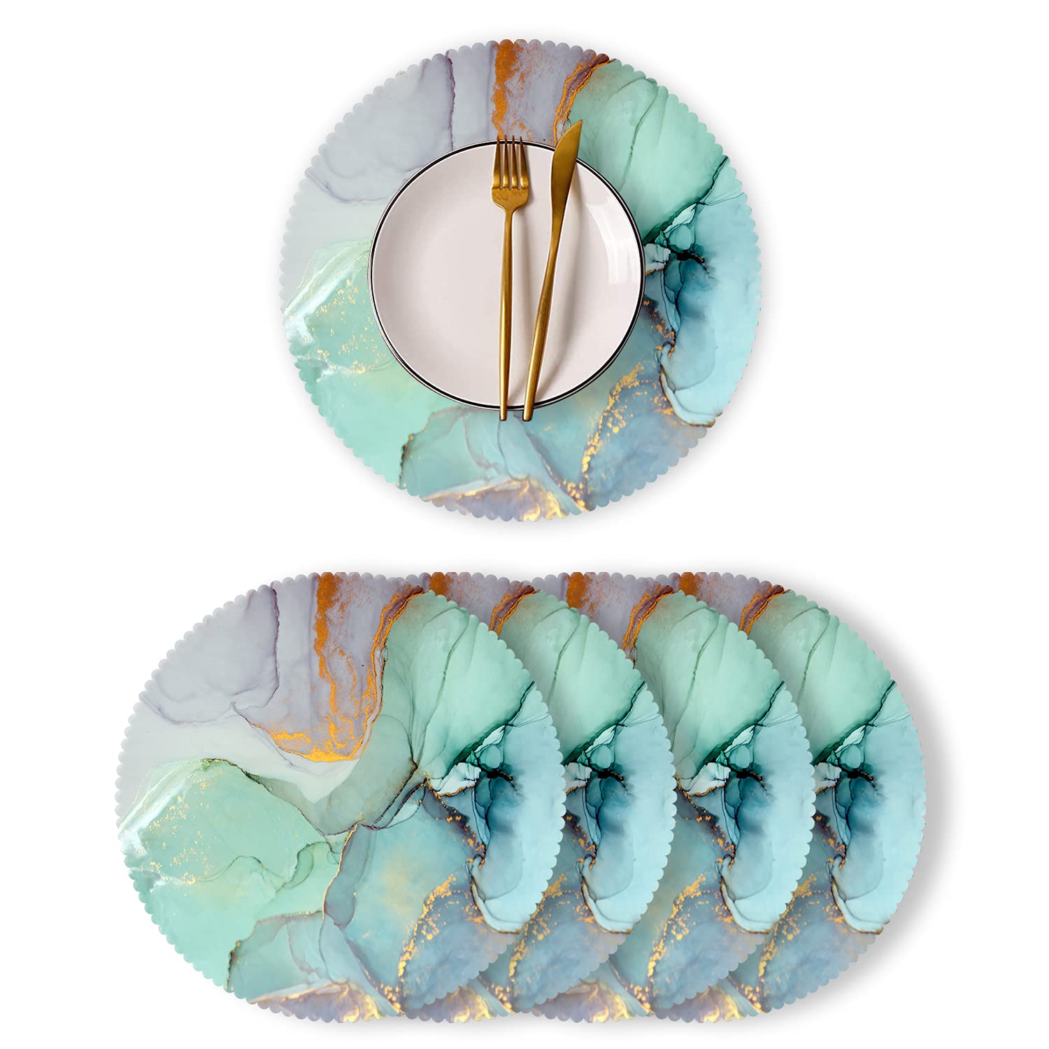 Round Heat-Resistant Polyester Placemats Set of 4 - Green Marble Christmas Table Mats for Kitchen & Dining Room Decor | Holiday Dinner Party, Family Gathering, Home Decoration