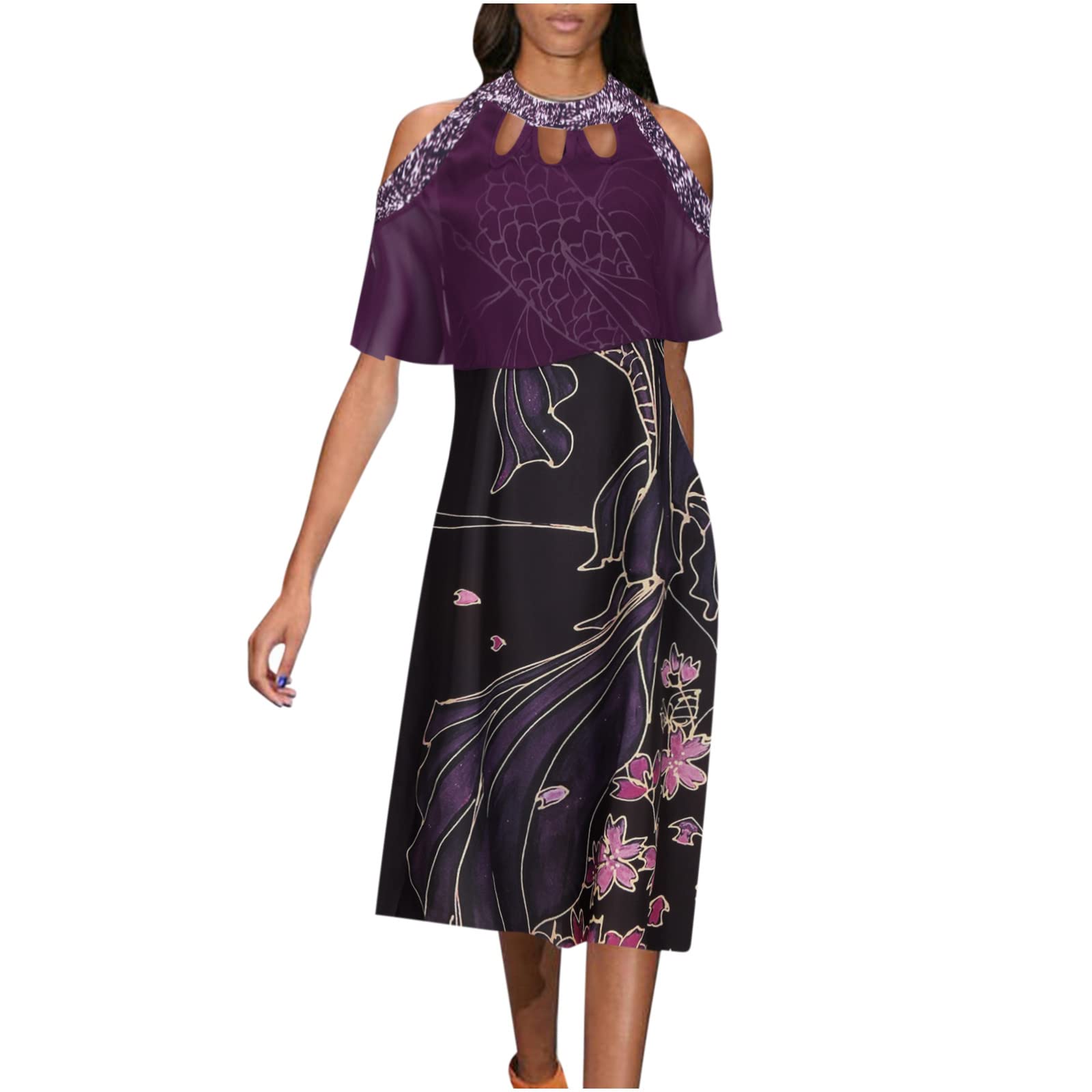YRAETENM Women's Summer Off Shoulder Dress - Floral Print Casual Short Sleeve High Waist Patchwork Work Dress for Office, Date Night & Beach Vacation