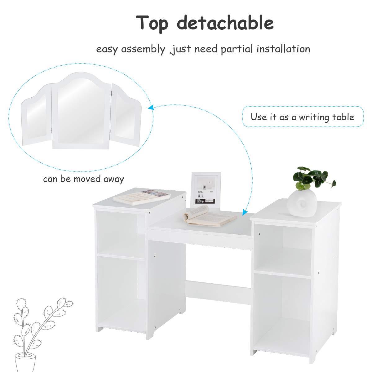 GOFLAME Kids Vanity Table with Writing Desk - 2 in 1 Detachable Princess Style Vanity Set, White MDF with Plastic Mirror, 42