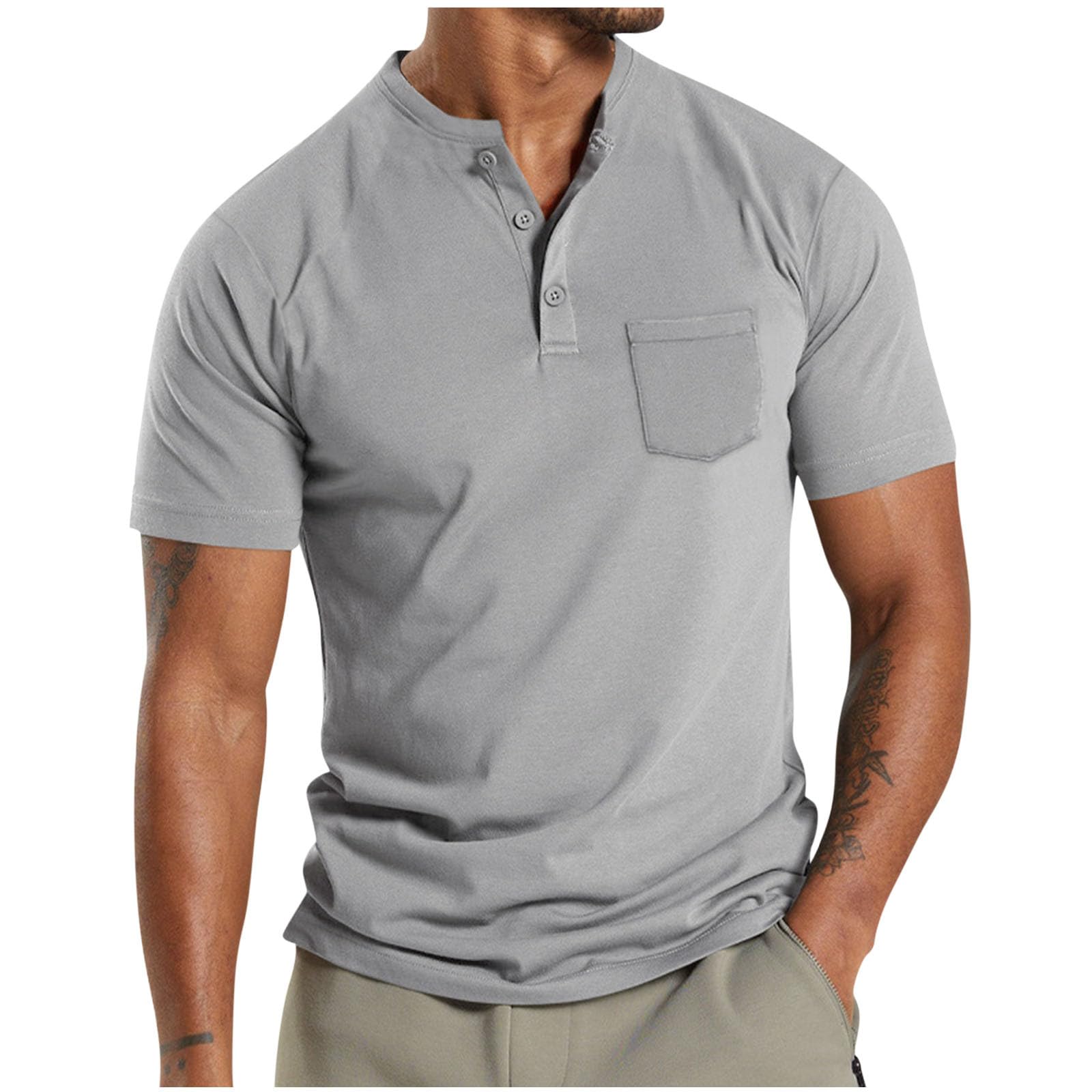 Men's Short Sleeve Henley Shirt - Button Collar Casual T-Shirt with Pocket | Summer Work Blouse & Everyday Wear | 2024 Fashion Trend