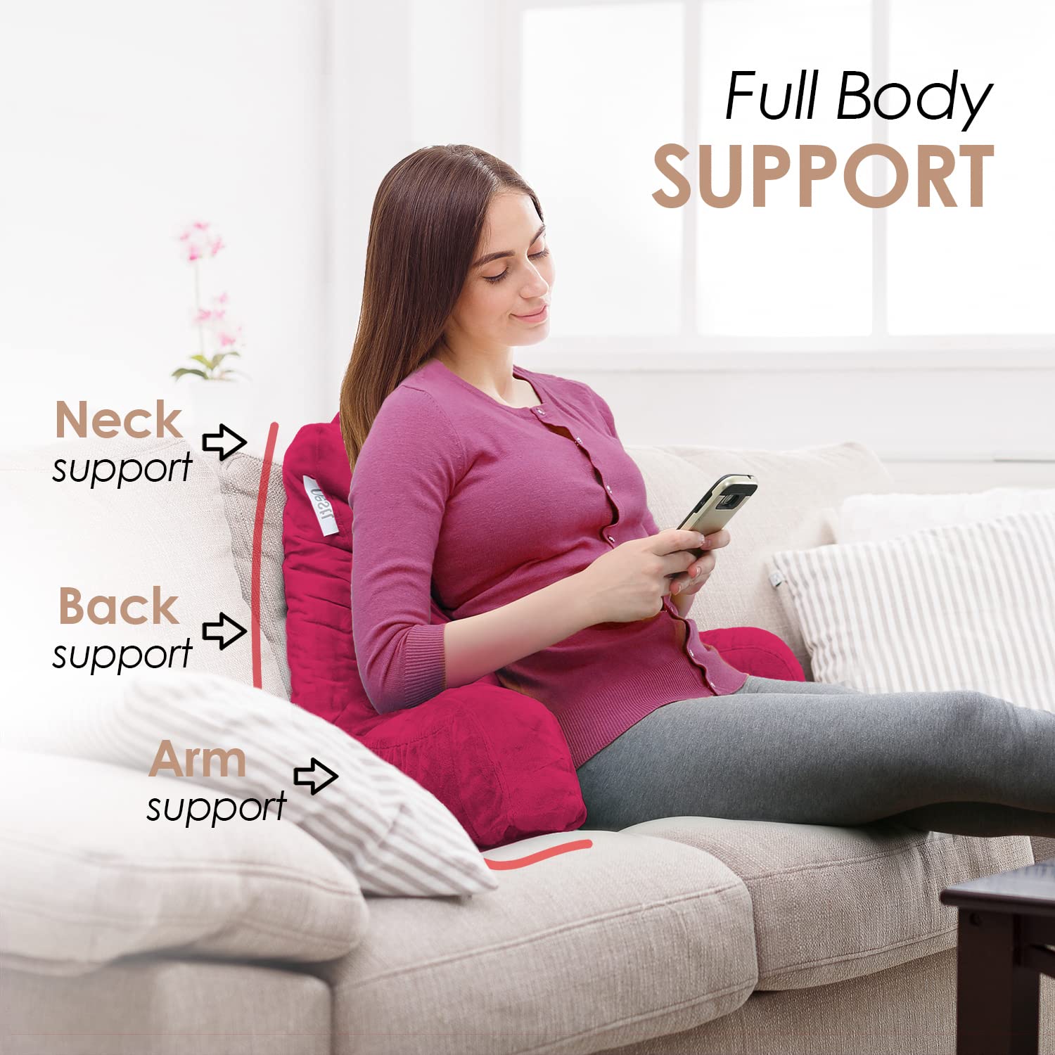 Nestl Reading Pillow with Shredded Memory Foam - Standard Bed Pillow for Back Support, Sitting in Bed, Reading & Relaxing - Hot Pink Chair Pillow with Pockets - Perfect for Bed Rest, Arm Support & Cozy Reading Sessions