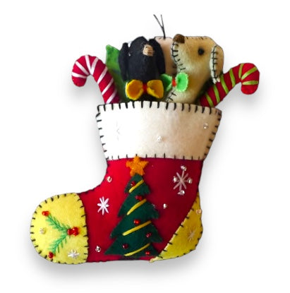 5 Pack Christmas Stockings with Gifts - Festive Red Holiday Stockings with 2 Dog Head Ornaments for Fireplace Decor, Xmas Tree Hanging & Holiday Home Decoration