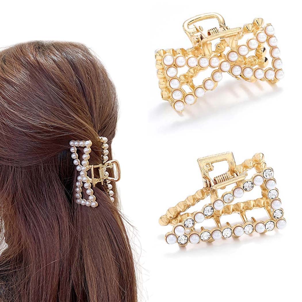 Gold Pearl Hair Claw Clips for Women - Elegant Metal Barrette for Party & Wedding