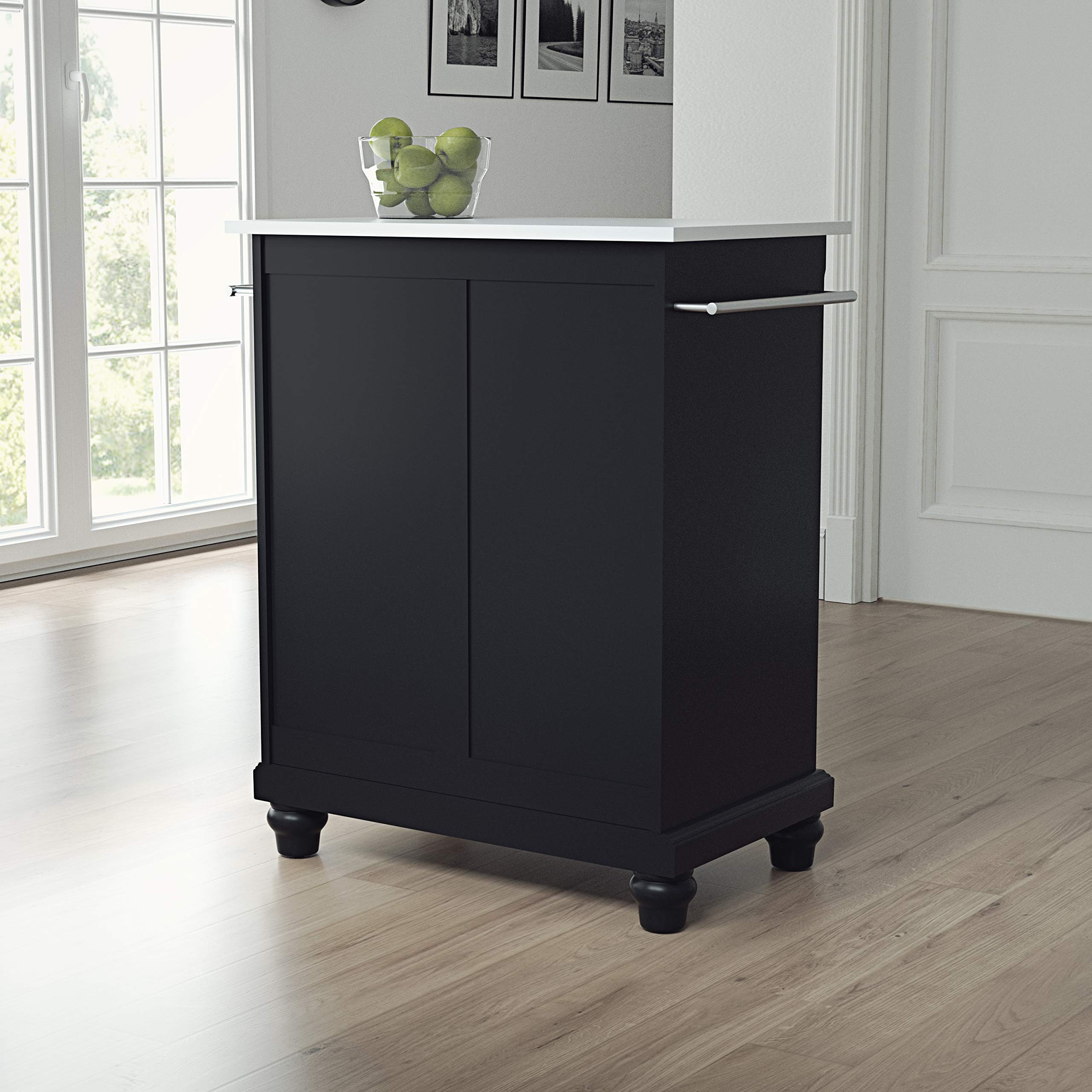Crosley Cambridge Black Rolling Kitchen Island Cart with Stone Top - Portable Microwave Stand, Storage Cabinet for Small Spaces - Perfect for Apartments, Dorms & Compact Kitchens