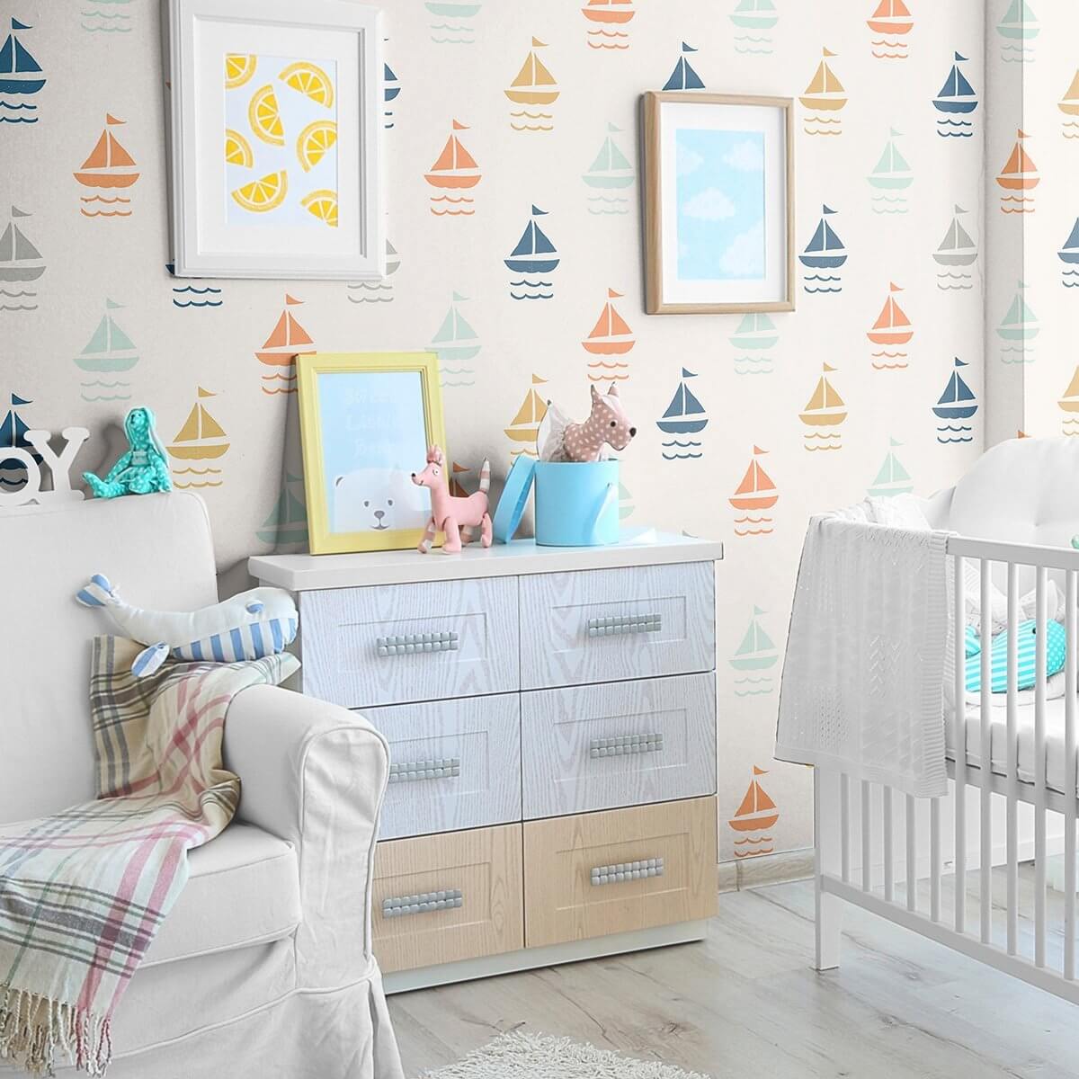 White and Orange Boats Baby Peel and Stick Removable Wallpaper 6023 - Easy DIY Nursery Decor for Kids' Room & Playroom