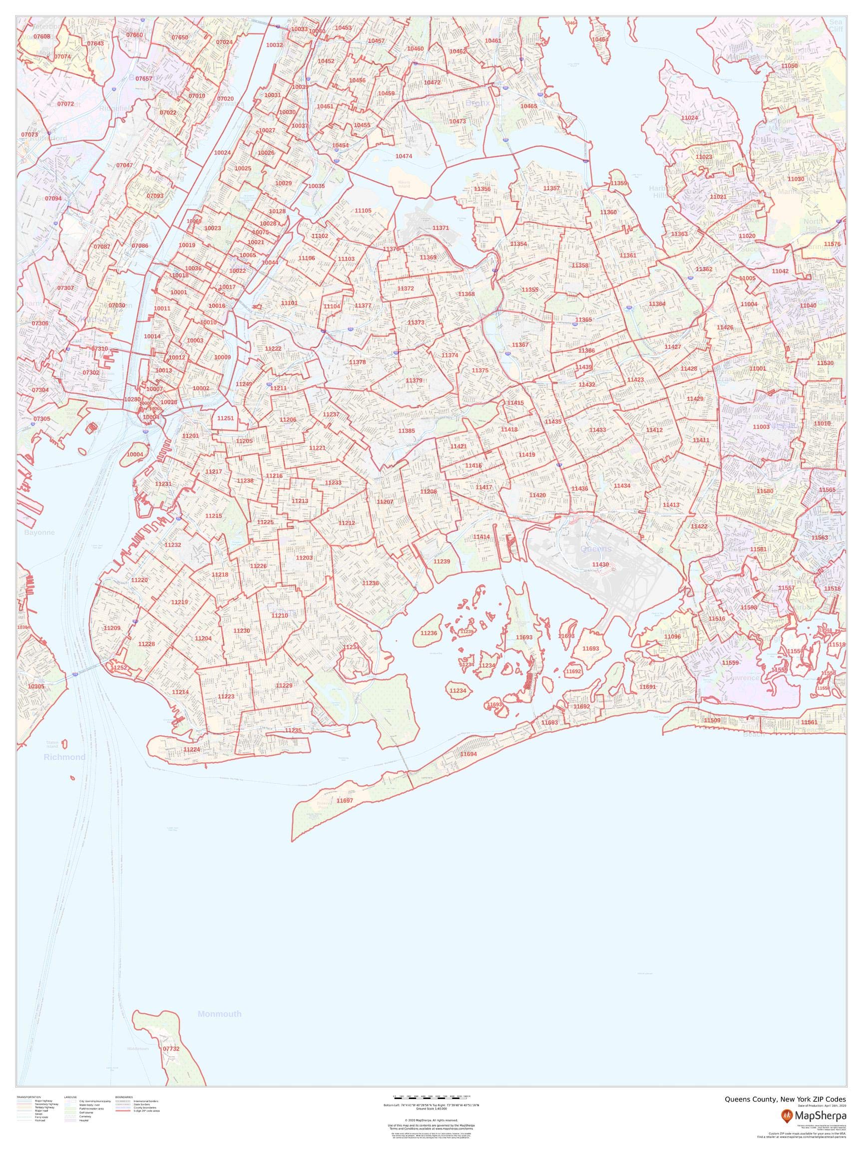 Queens County, New York Zip Code Wall Map - 36