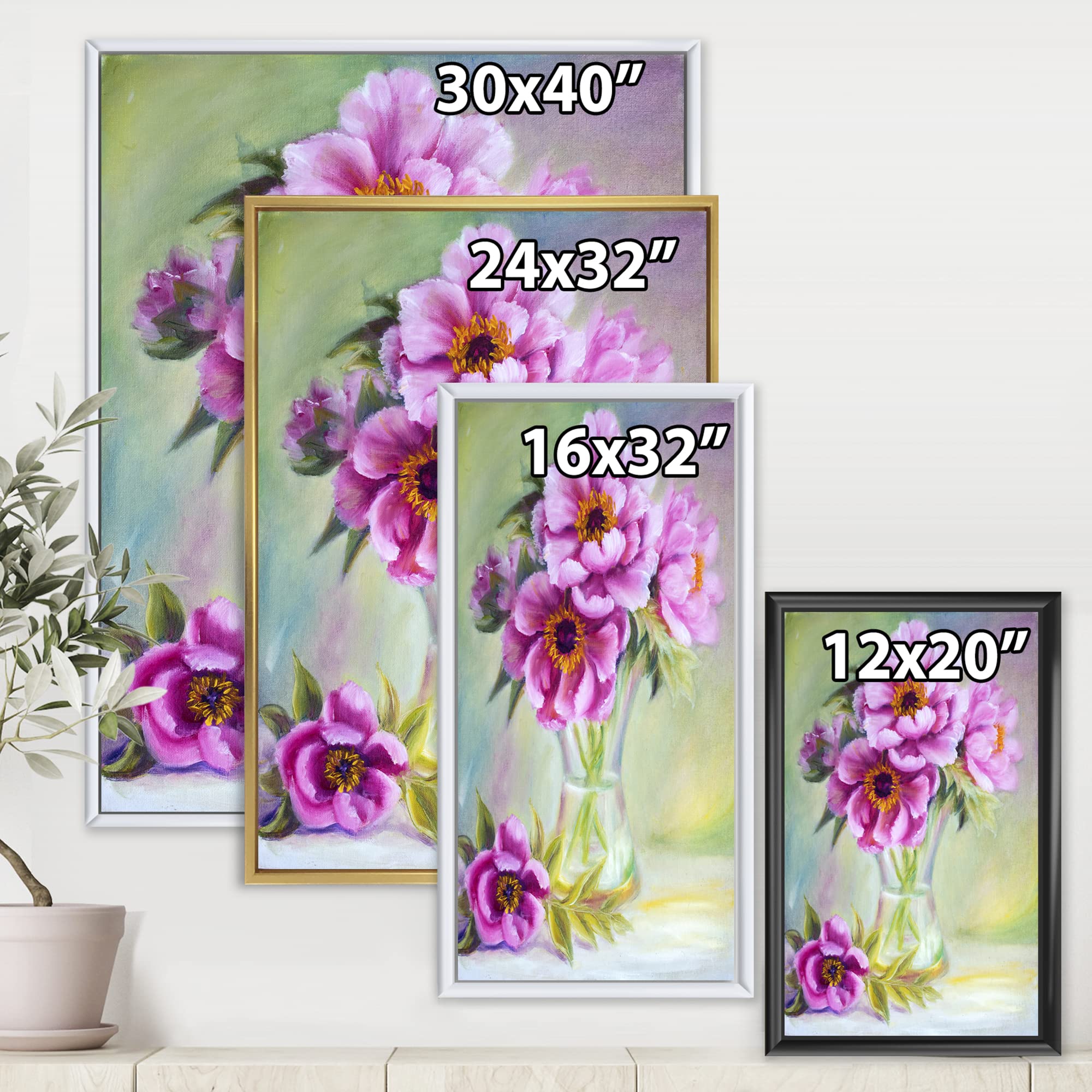 Peonies in Vase Still Life Oil Painting - Traditional Framed Canvas Wall Art Print for Living Room, Bedroom & Office Decor