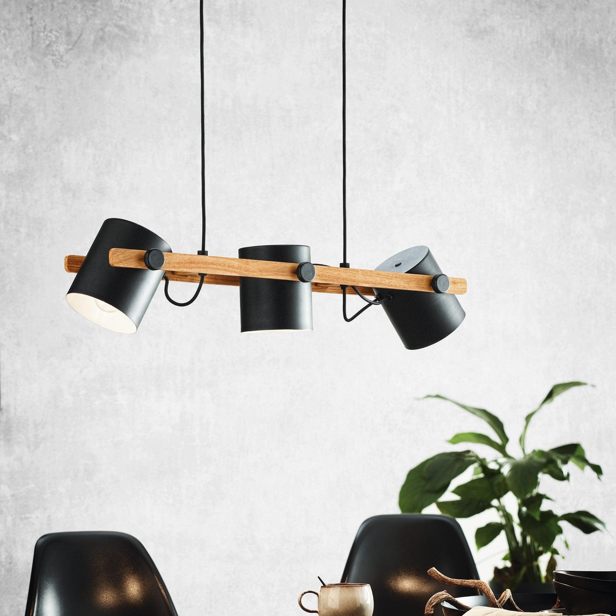 Eglo Hornwood Wooden Bar Ceiling Pendant Light with Black Shades - Modern Farmhouse Lighting for Kitchen Island, Dining Room & Bar Counter