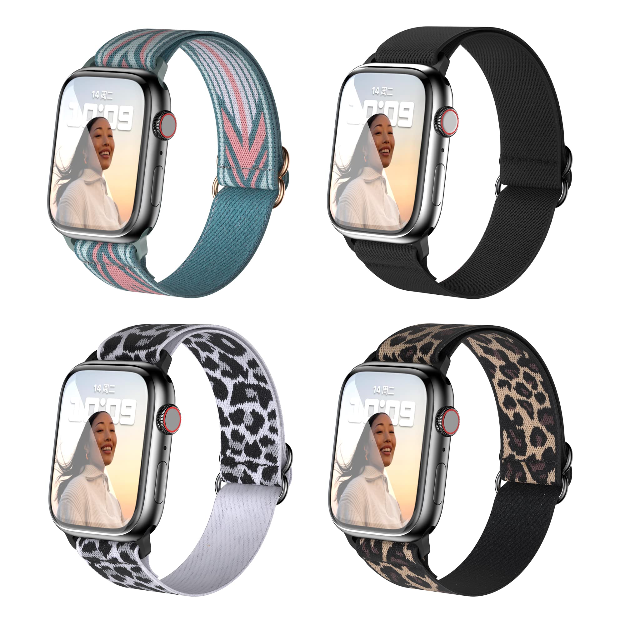 4 Pack Stretchy Braided Nylon Solo Loop Bands for Apple Watch Series 7/6/SE/5/4/3/2/1 - Adjustable Sport Straps Compatible with 38mm 40mm 41mm iWatch for Men & Women - Perfect for Workouts, Running & Everyday Wear