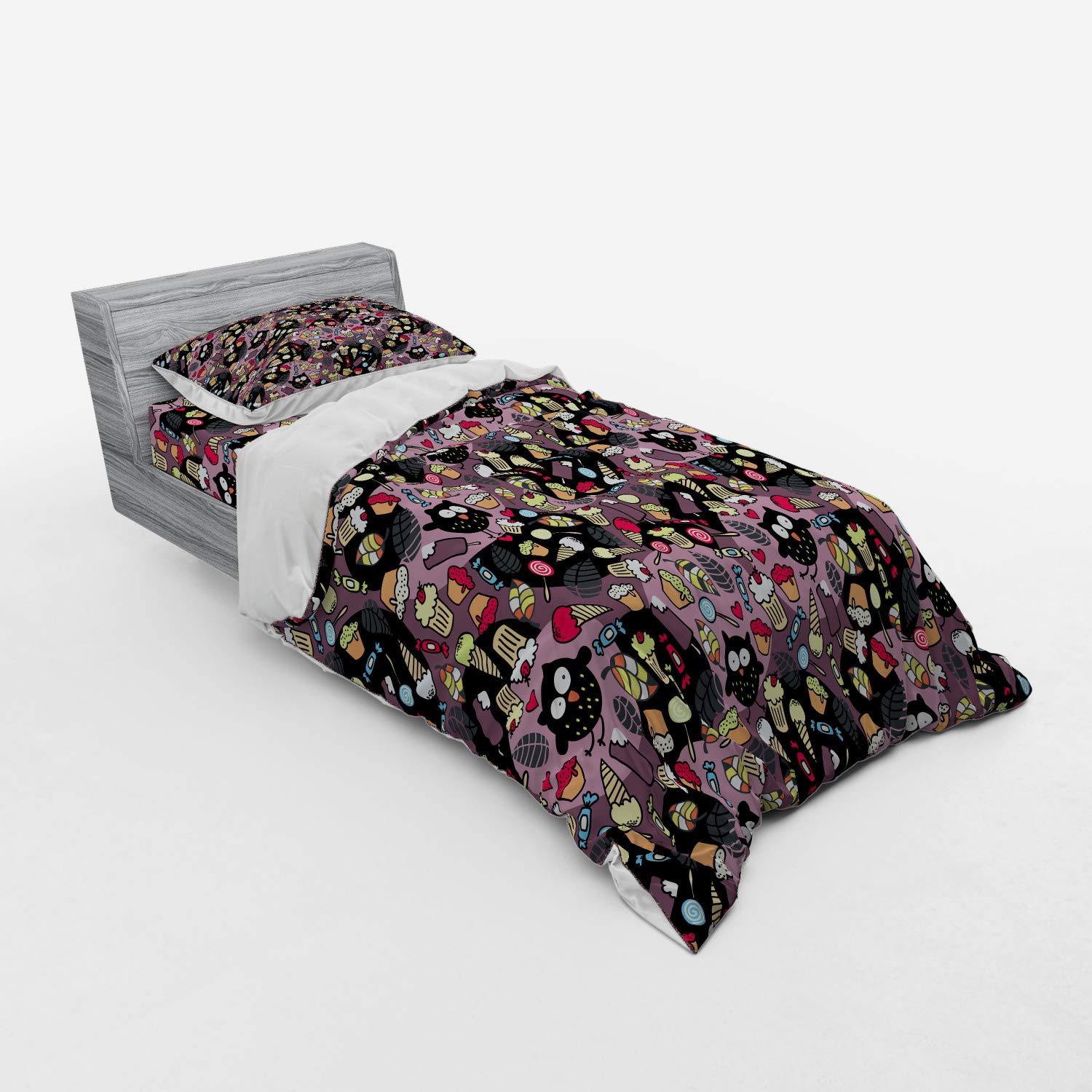 Ambesonne Owls Duvet Cover Set - Whimsical Owl & Dessert Print with Abstract Leaves, 3-Piece Twin Size Bedding Set (Duvet Cover + Sham + Fitted Sheet) | Perfect for Kids' Room, Teen Bedroom & Owl-Themed Decor