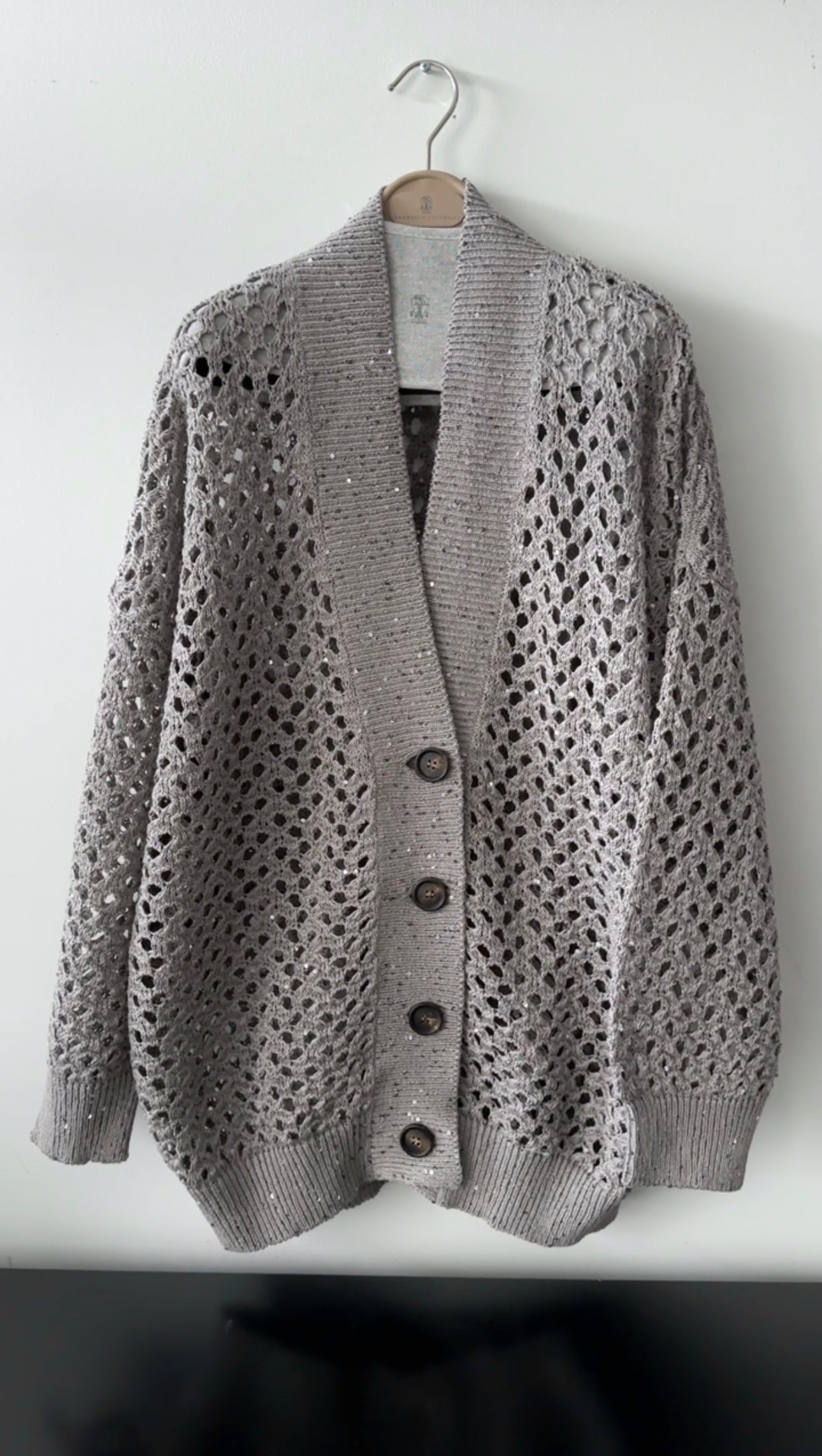 Brunello Cucinelli Grey Open Knit Sequin Cardigan Sweater for Women - Elegant Loose Fit Cashmere Blend Cardigan for Office, Party & Evening Wear