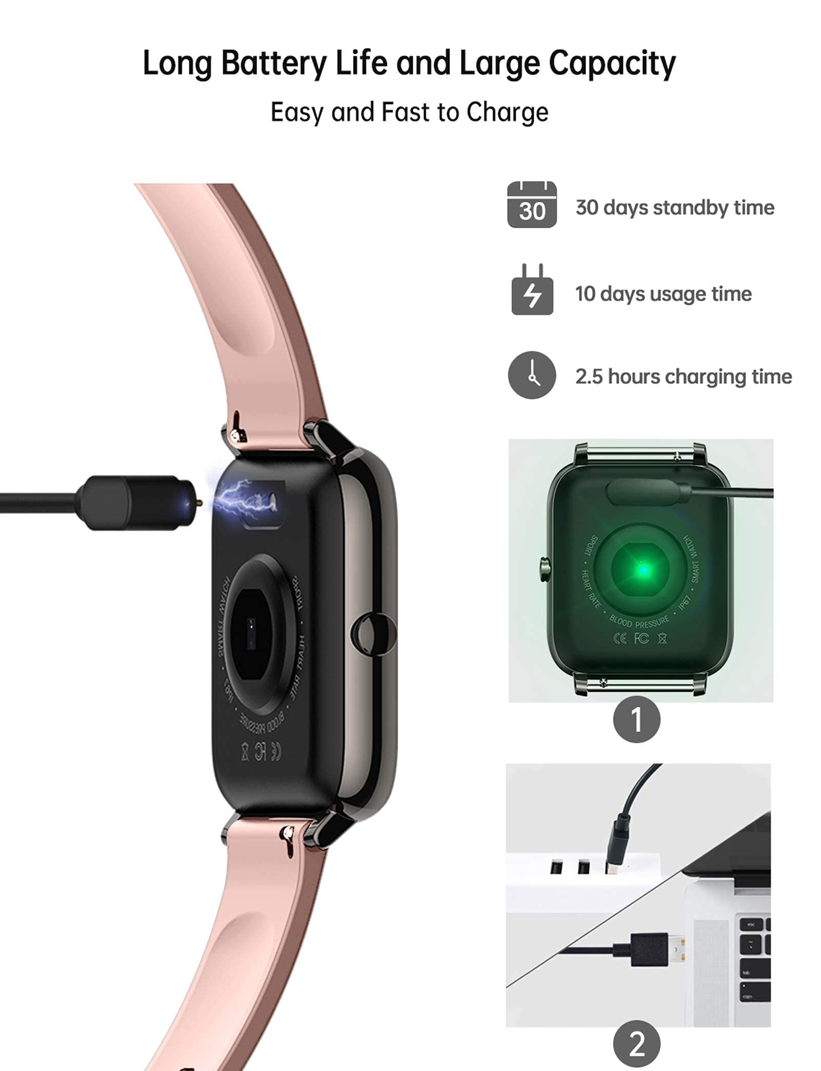 Popglory Smart Watch for Men & Women - Fitness Tracker with Blood Pressure, Blood Oxygen & Heart Rate Monitor, Full Touch Screen Smartwatch Compatible with Android & iOS (Pink) - Perfect for Workouts, Running & Daily Health Tracking