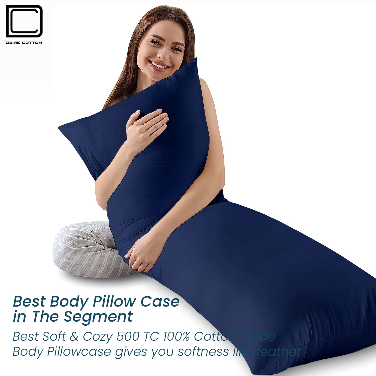 Premium 500 Thread Count 100% Egyptian Cotton Body Pillow Cover - 20x72 Inch Navy Blue with Zipper Closure - Soft & Breathable Pillowcase for Pregnancy Support, Back Pain Relief & Comfortable Sleep