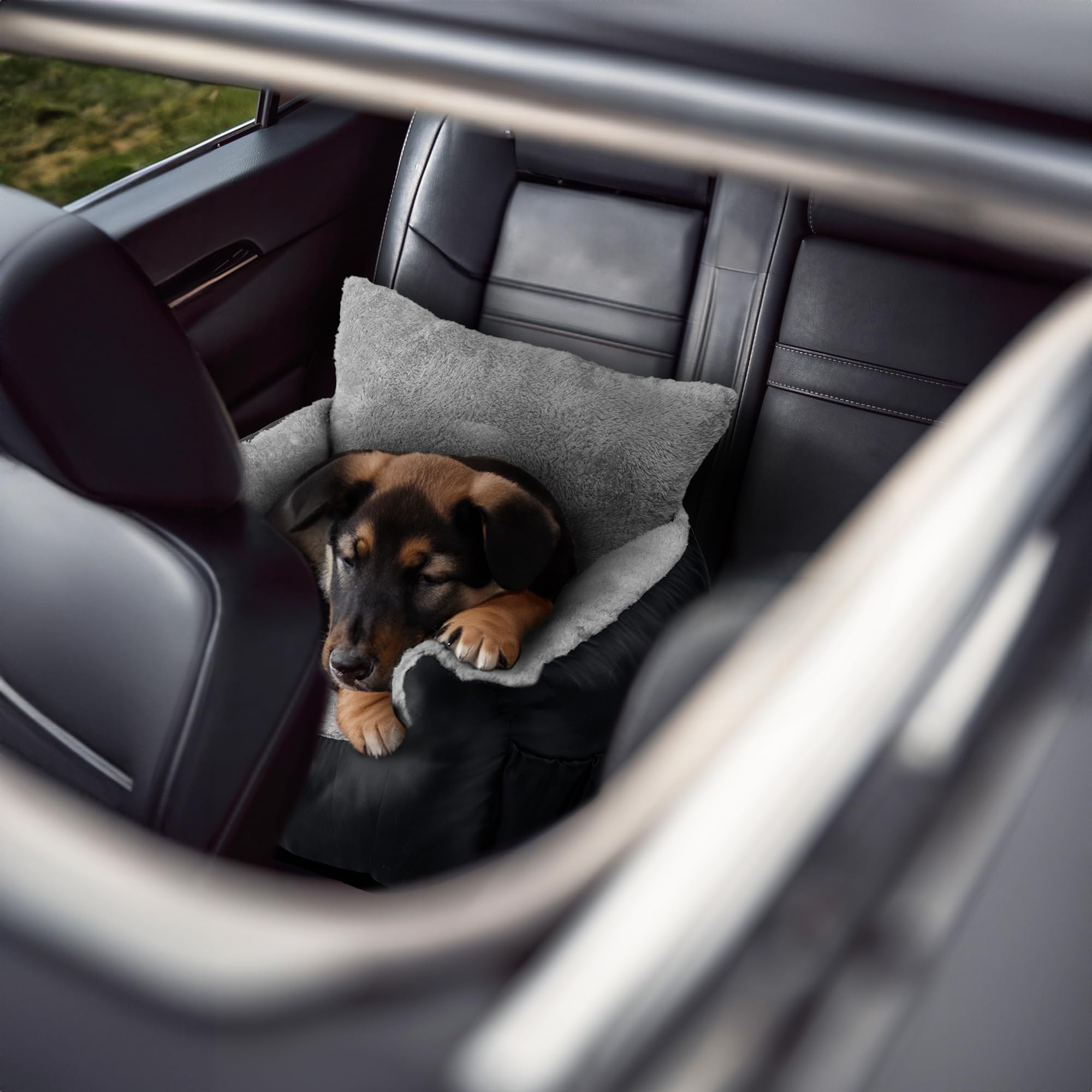 Premium Plush Dog Car Seat for Small Dogs & Cats - Soft & Cozy Pet Booster Seat with Safety Leash, Storage Pocket, Waterproof Liner & Non-Slip Base - Perfect for Travel, Road Trips & Daily Commutes (Black/Grey)
