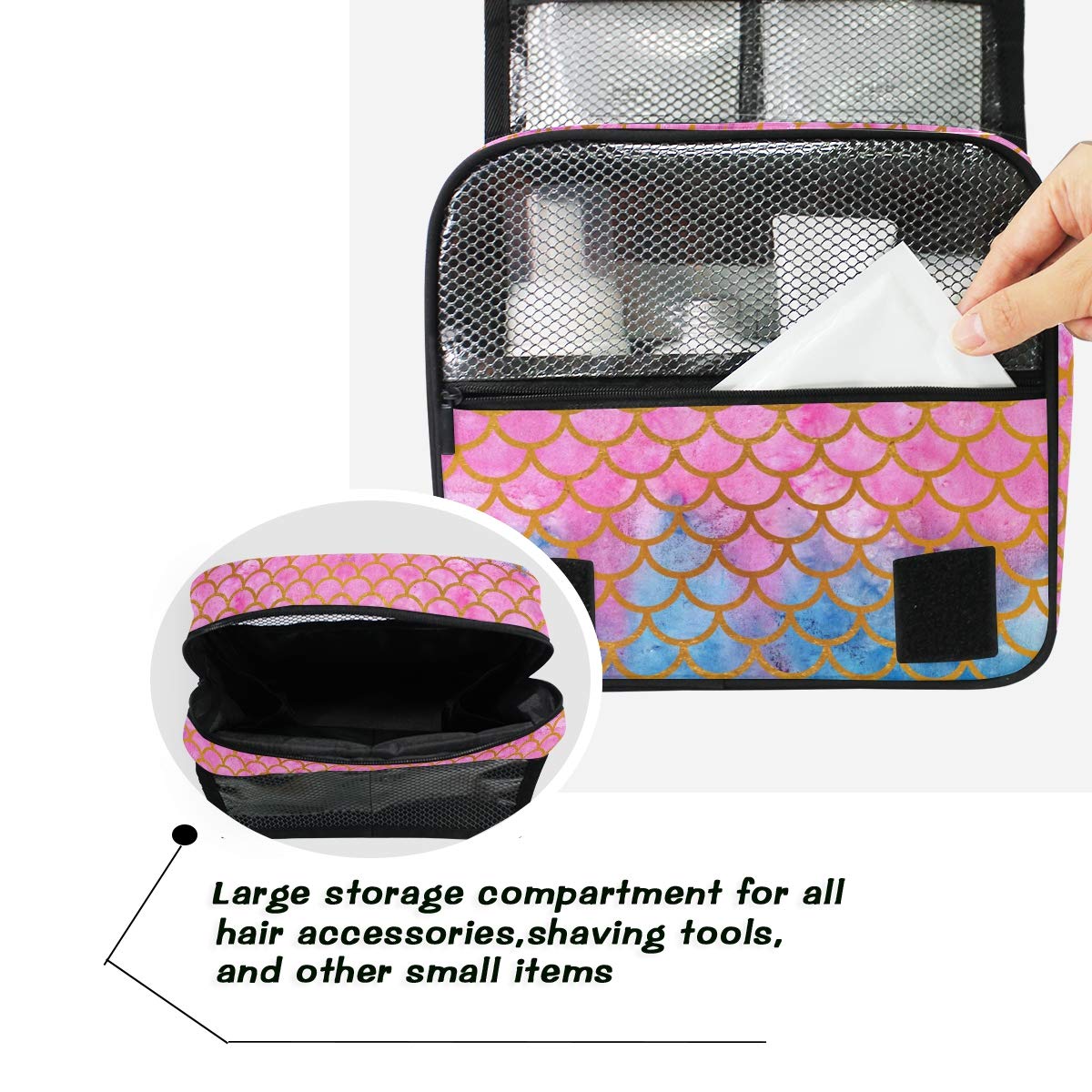 AGONA Hanging Toiletry Bag - Watercolor Mermaid Scales Design, Gold & Pink Travel Cosmetic Organizer for Women & Men | Portable Makeup Pouch with Sturdy Hook | Perfect for Bathroom, Gym, Camping & Vacation Trips