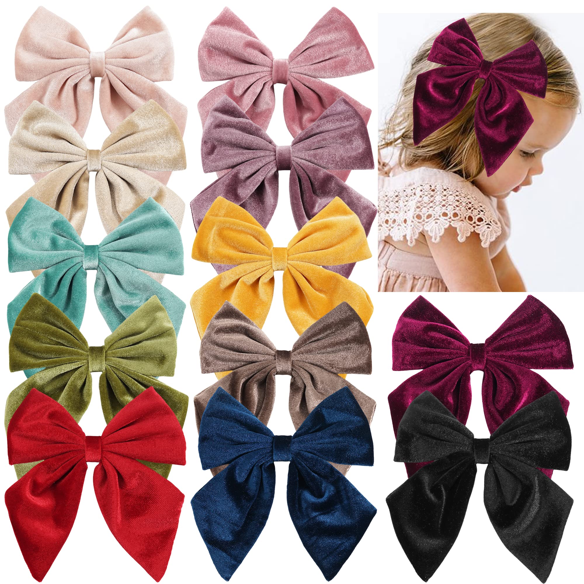 Qearl 12-Piece Large Velvet Hair Bows for Toddler Girls - Handmade Big Hair Clips for Babies & Kids | Perfect for Birthday Parties, School Photos & Special Occasions
