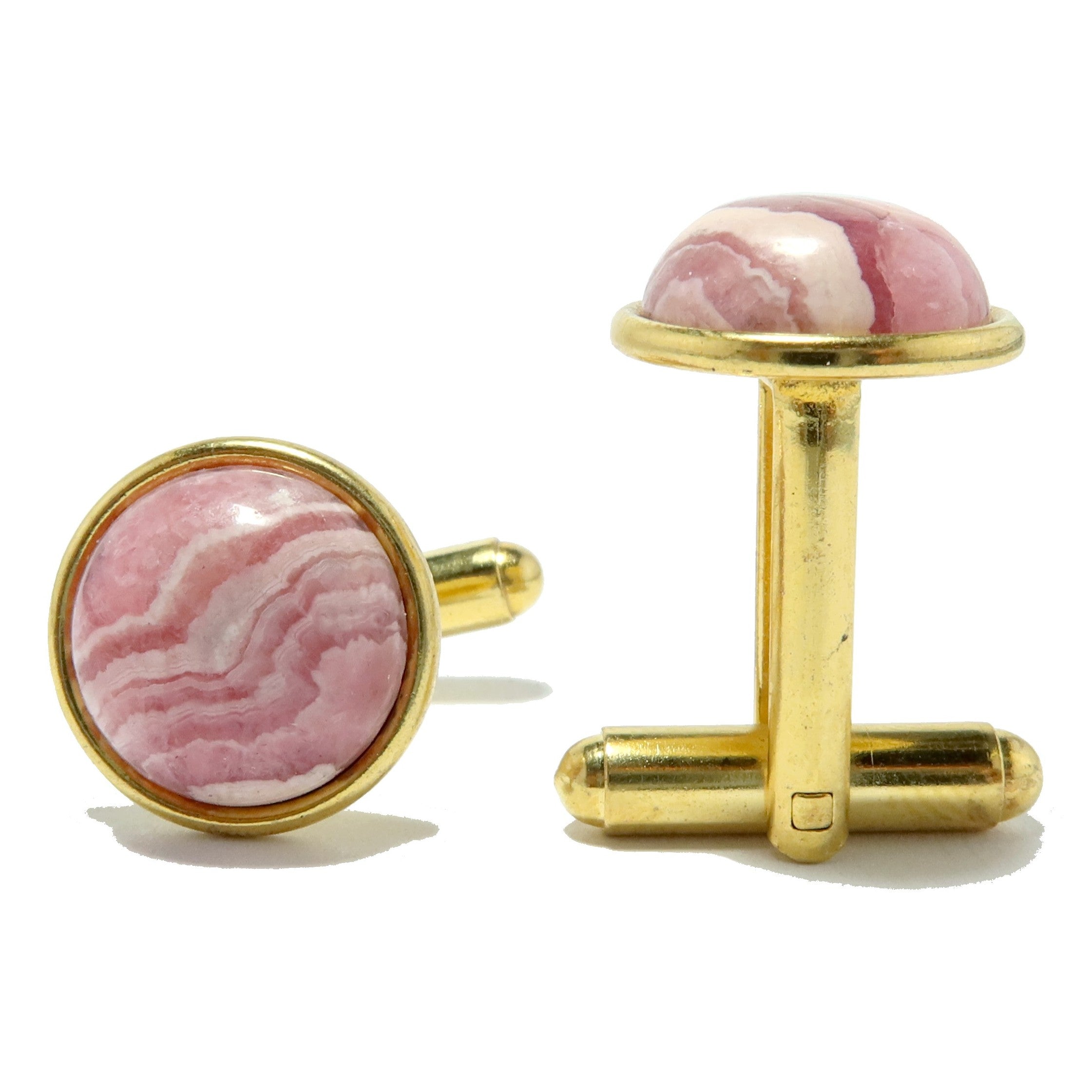 Premium Rhodochrosite Cufflinks - Pink Passion Round Gold Plated Men's Jewelry for Formal Wear & Special Occasions