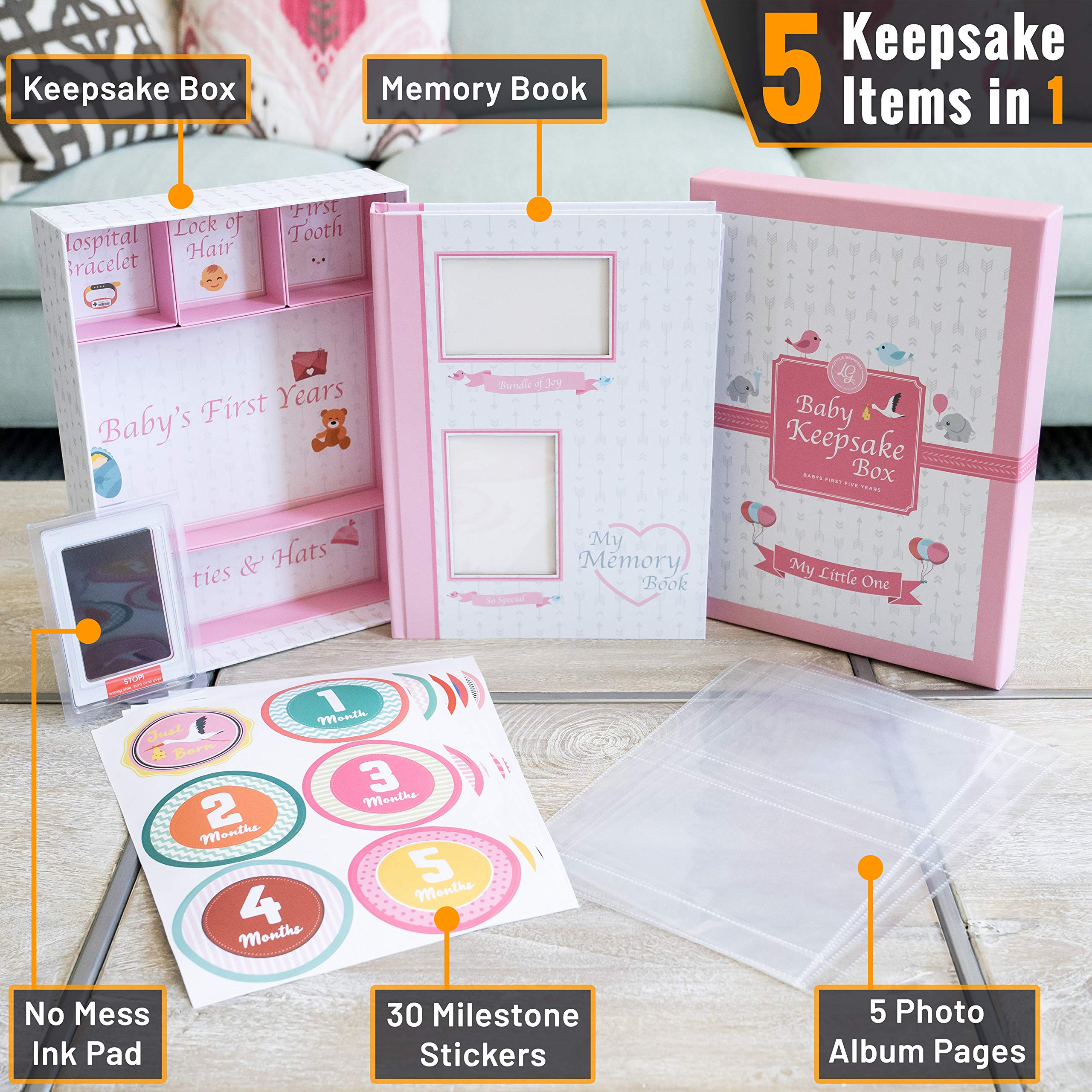 Little Growers Baby Memory Book with Keepsake Box - First 5 Years Baby Scrapbook & Photo Album | Includes Milestone Stickers & Footprint Kit | Perfect Baby Shower Gift for Newborn Girls | Capture Precious Moments from Birth to Toddler Years