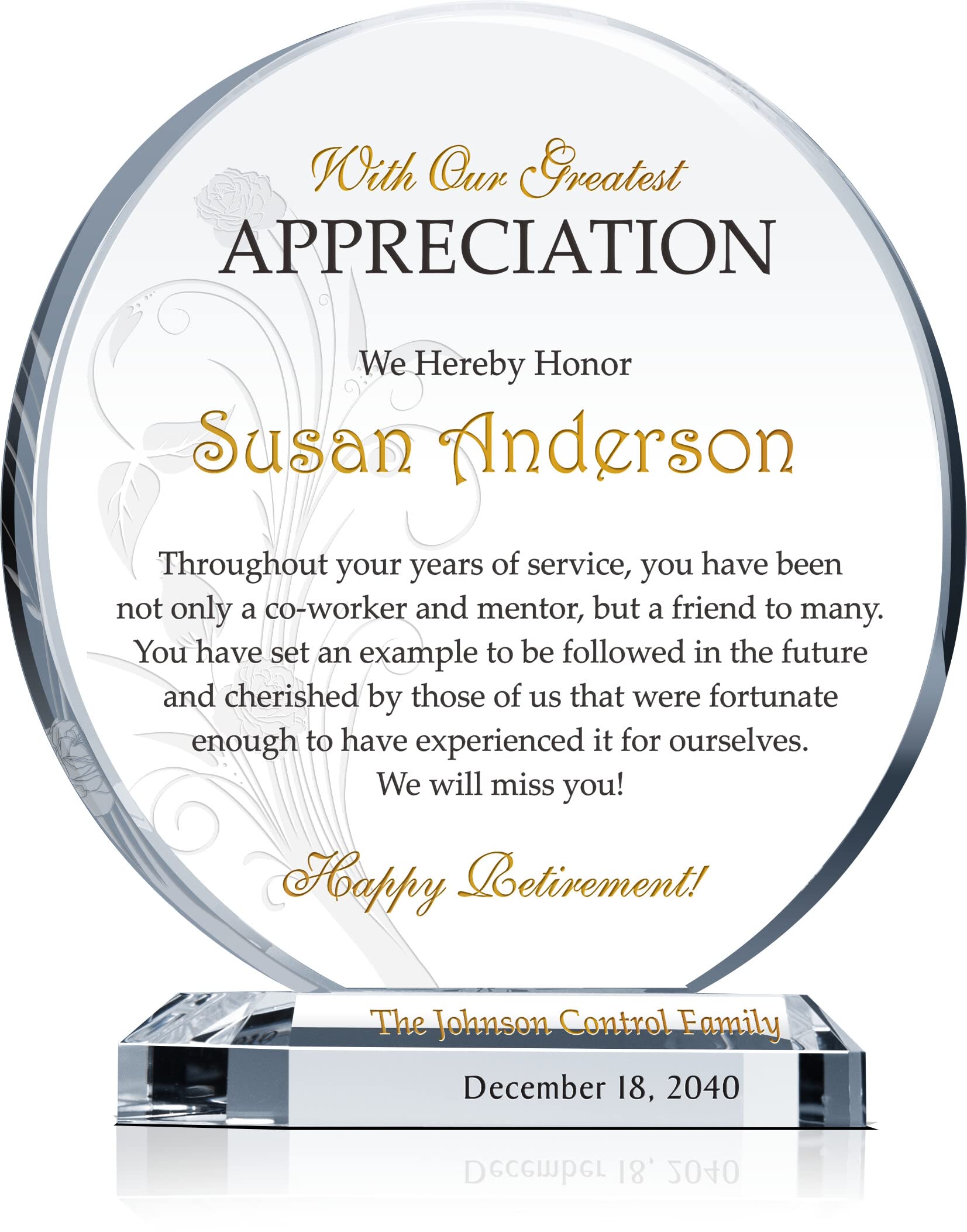 Custom Personalized Crystal Retirement Plaque for Women - Engraved with Name, Unique Circular Award for Retiree & Coworker (XL 10 Inch) - Perfect Office Retirement Gift, Desk Decor, or Appreciation Present