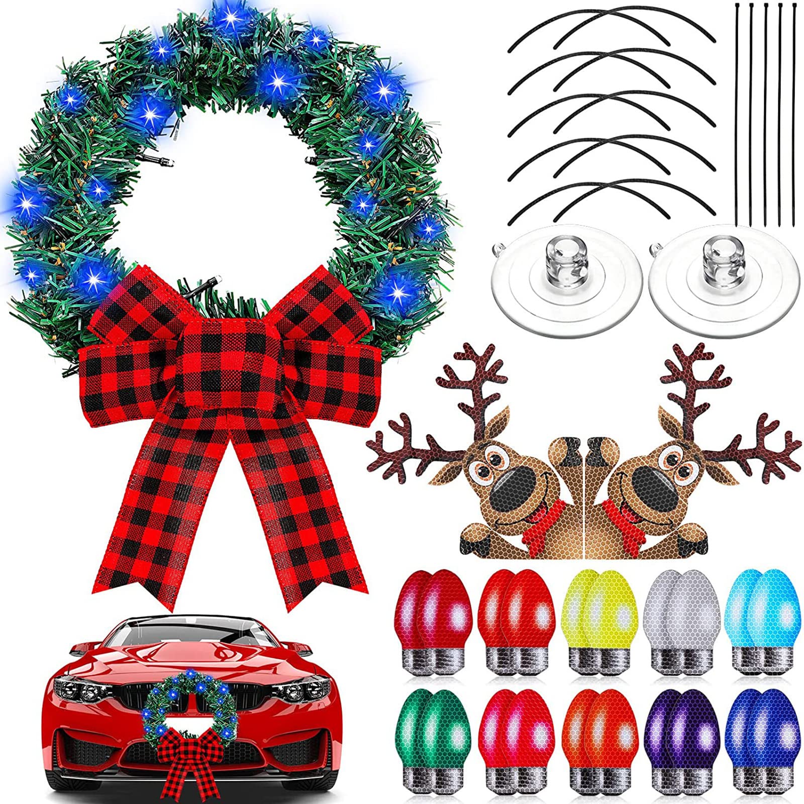 Frienda 40-Piece Christmas Car Wreath Set with LED Wreath, 20 Reflective Lights, 2 Reindeer Magnets, 10 Magnet Wires & 2 Suction Cups - Perfect for Holiday Car Decorations, Christmas Parades & Festive Road Trips