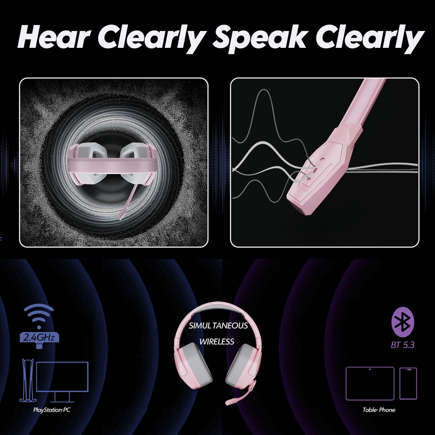 NUBWO G06 Dual Wireless Gaming Headset with Microphone - 2.4GHz & Bluetooth - 100 Hour Battery - 50mm Drivers - Pink | Compatible with PS5, PS4, PC, Mobile & Nintendo Switch | Perfect for Gaming, Streaming & Online Meetings