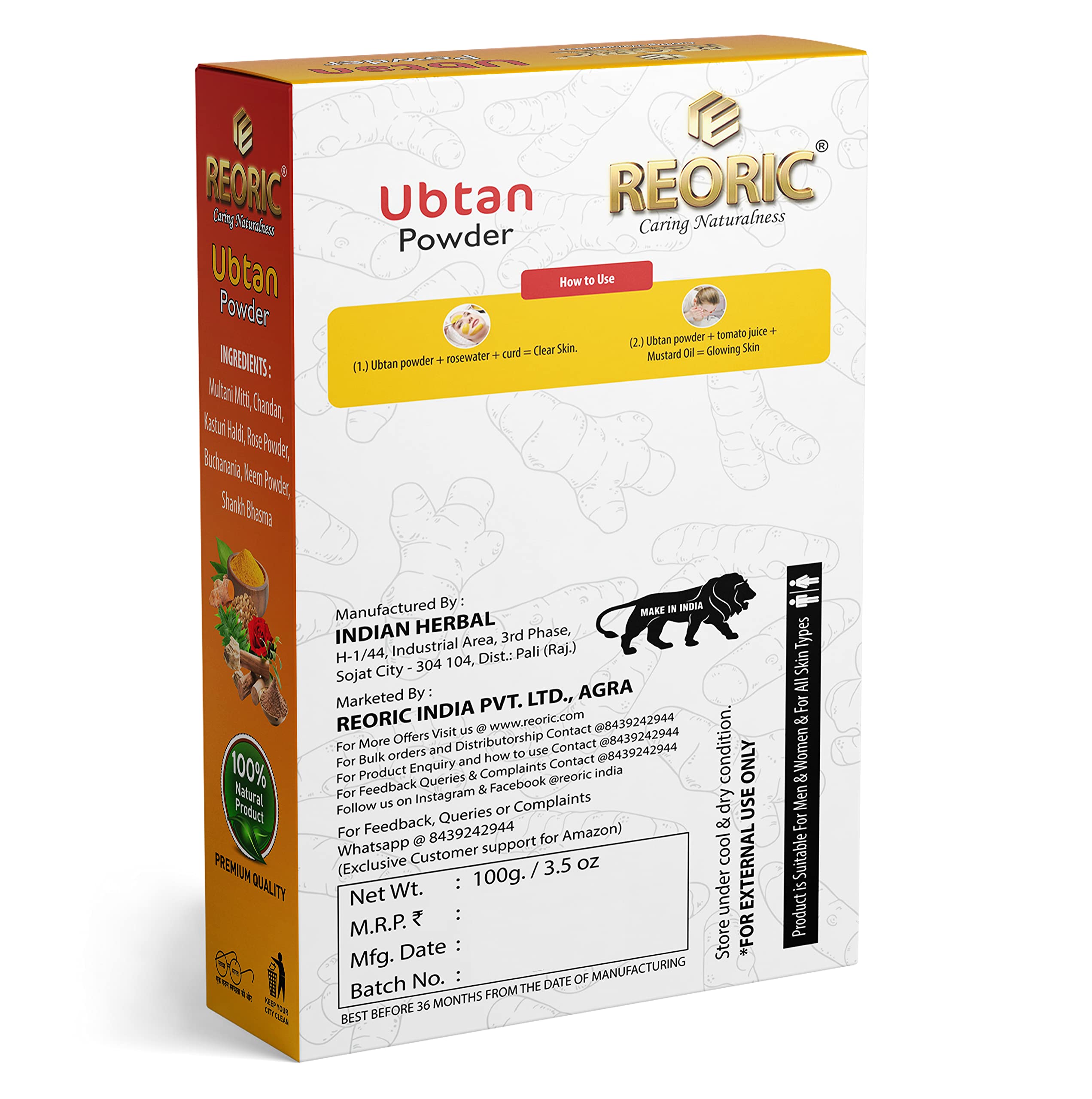 Organic Ubtan Powder for Skin Whitening & Brightening - 100g Detan Face Pack | Natural Glow Boost for Face & Body | Perfect for Bridal, Festive & Daily Skincare Routine