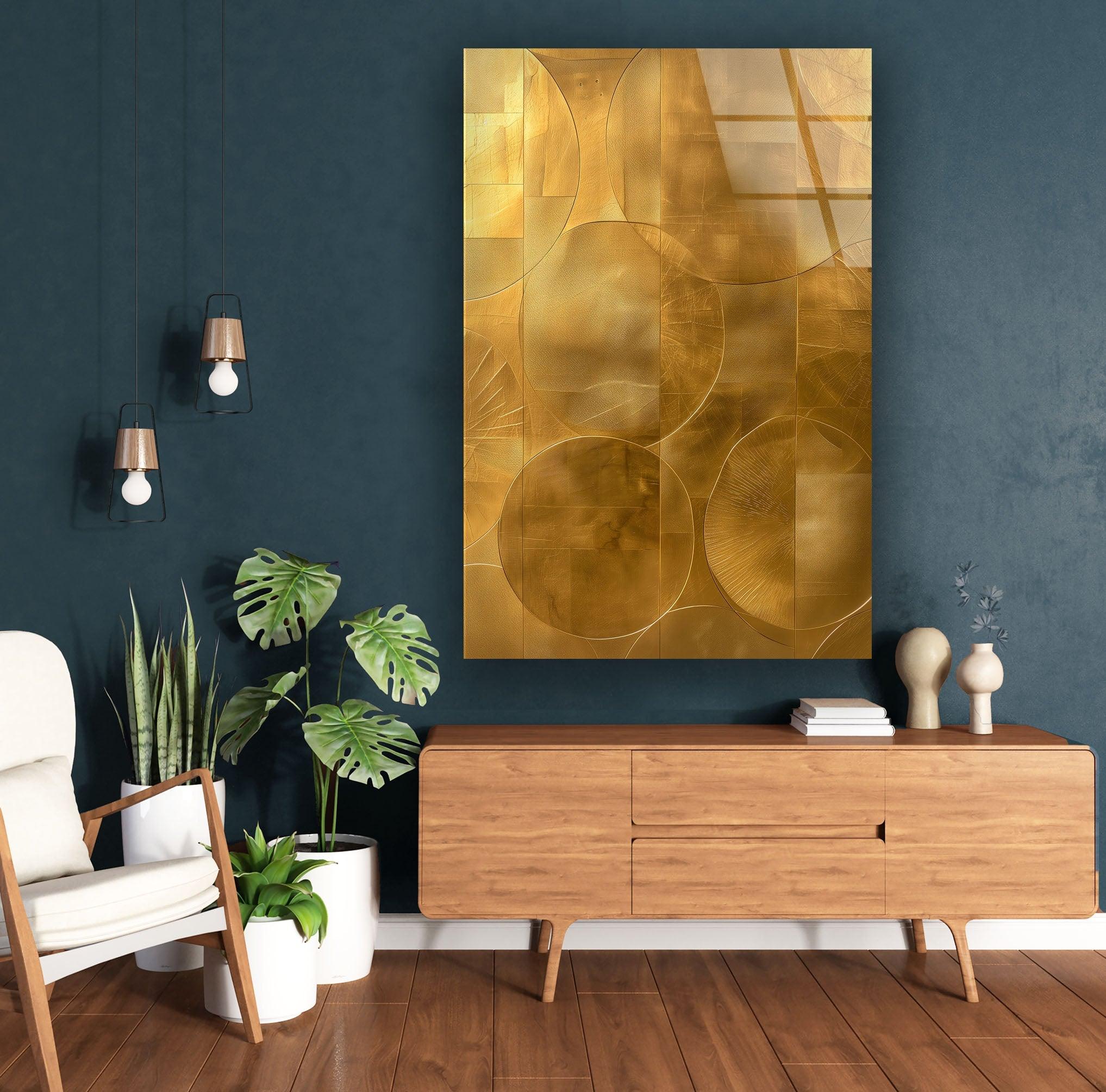 Abstract Gold Geometric Glass Wall Art - Modern Home Decor for Living Room, Bedroom & Office - Elegant Handmade Glass Panel for Stylish Interior Design
