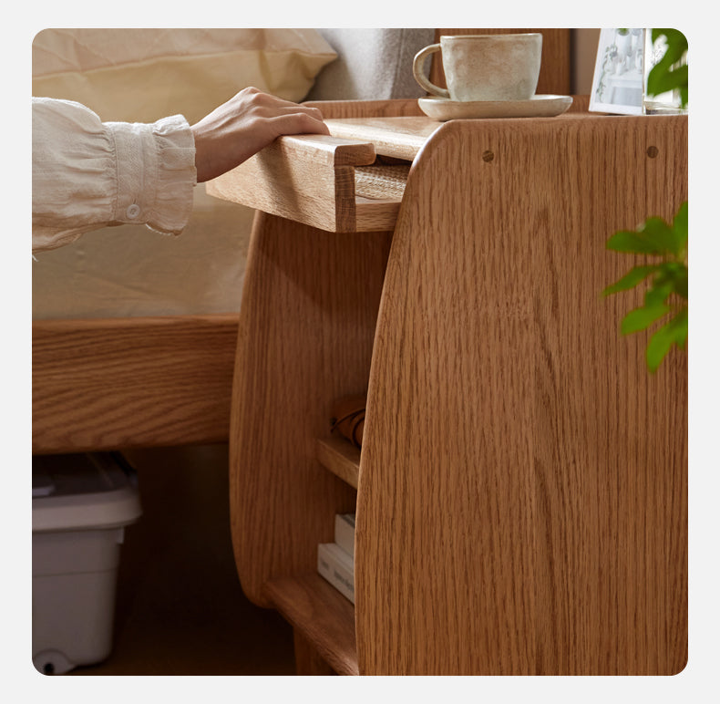 Solid Oak Wood Nightstand with Rattan Accents - Stylish Bedside Table for Bedroom Decor, Living Room, or Guest Room