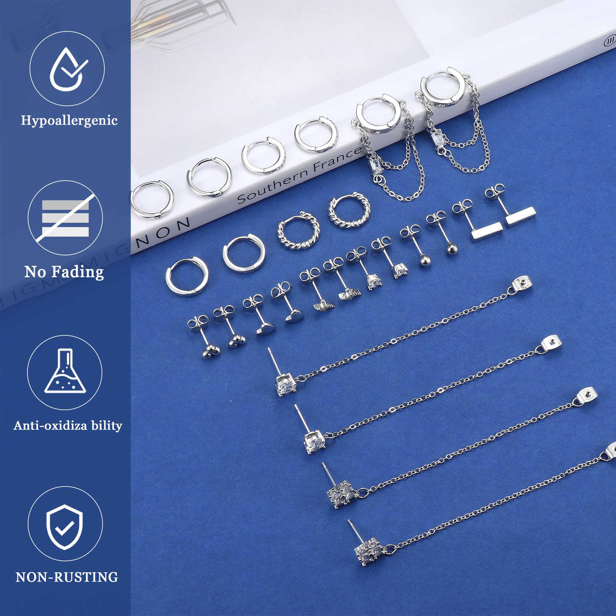 JeweBella 13 Pairs Small Hypoallergenic Earrings Set for Women - Surgical Steel Hoop, Dangle, Stud & Cartilage Earrings with Heart Zirconia in Silver/Gold | Perfect for Daily Wear, Gifts & Special Occasions