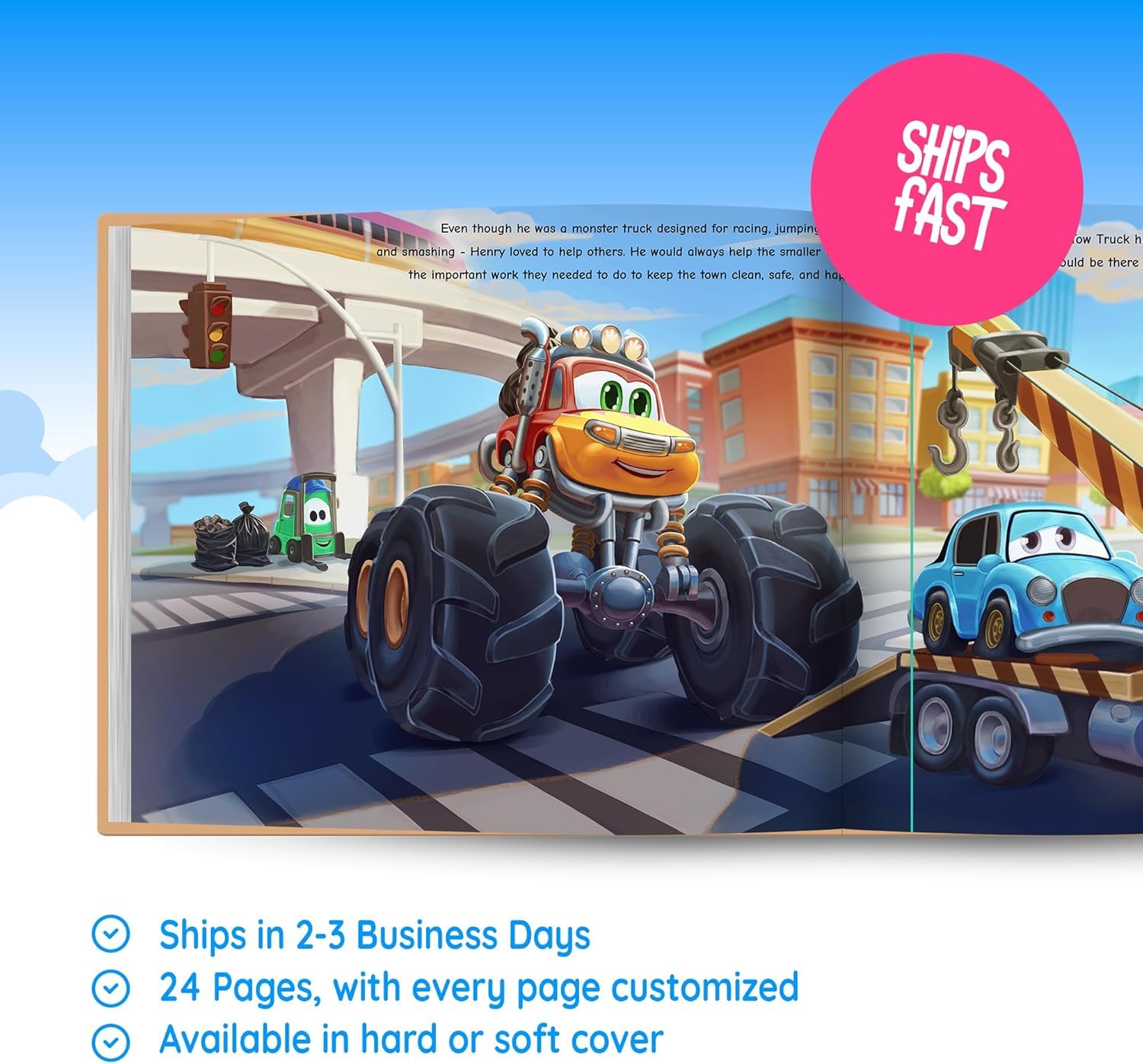 Personalized Monster Truck Story Book for Kids - Custom Children's Book with Name in The Story, 11x8.5 Inch Blue Hardcover | Perfect Birthday Gift, Bedtime Reading & Early Learning Adventure