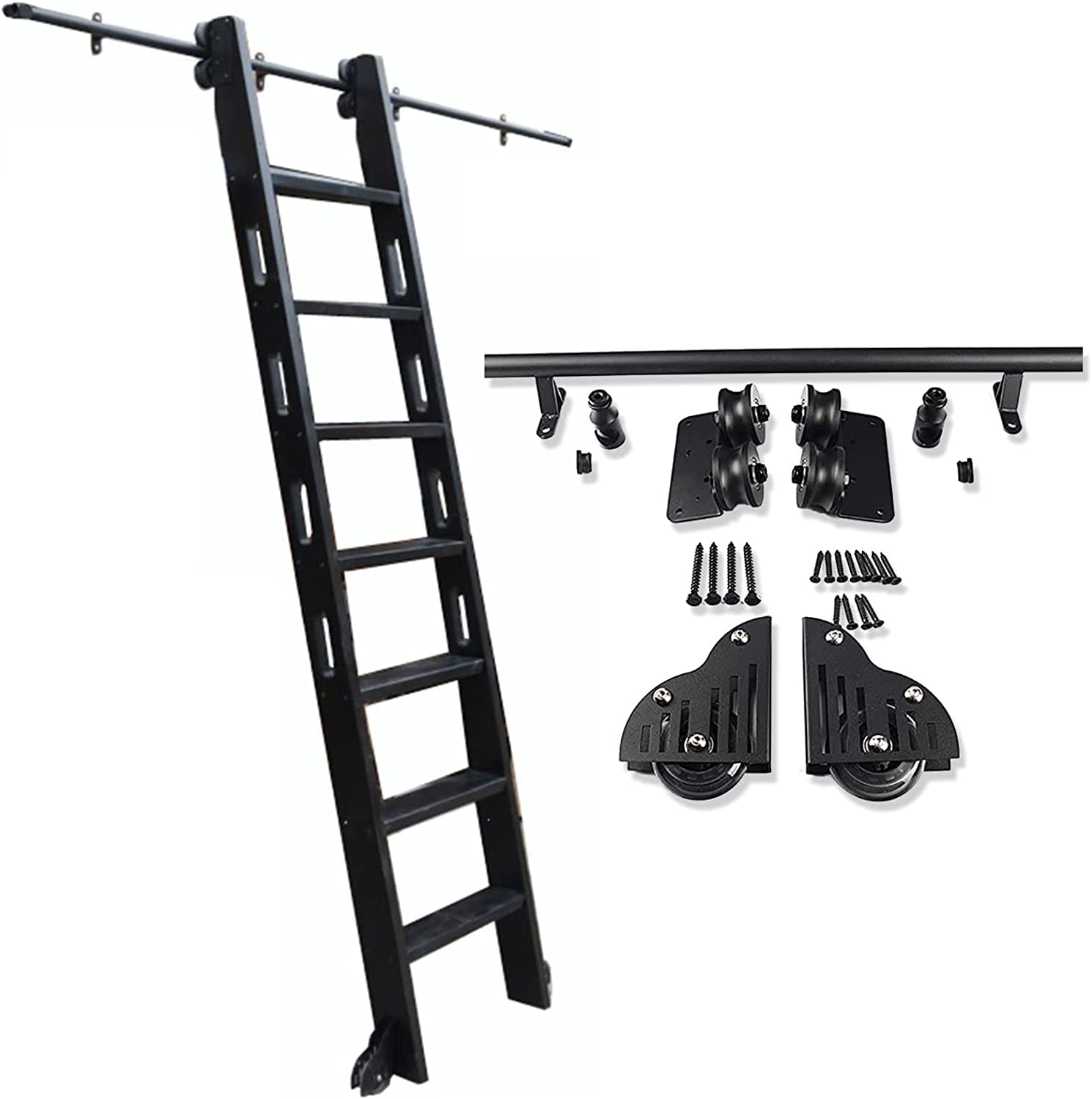 **Barn Door Sliding Kit with Round Tube Rolling Track - Complete Mobile Library Ladder Rail System for Home/Interior/Loft, Includes Wheels - Perfect for Modern Farmhouse, Loft Spaces & DIY Projects**