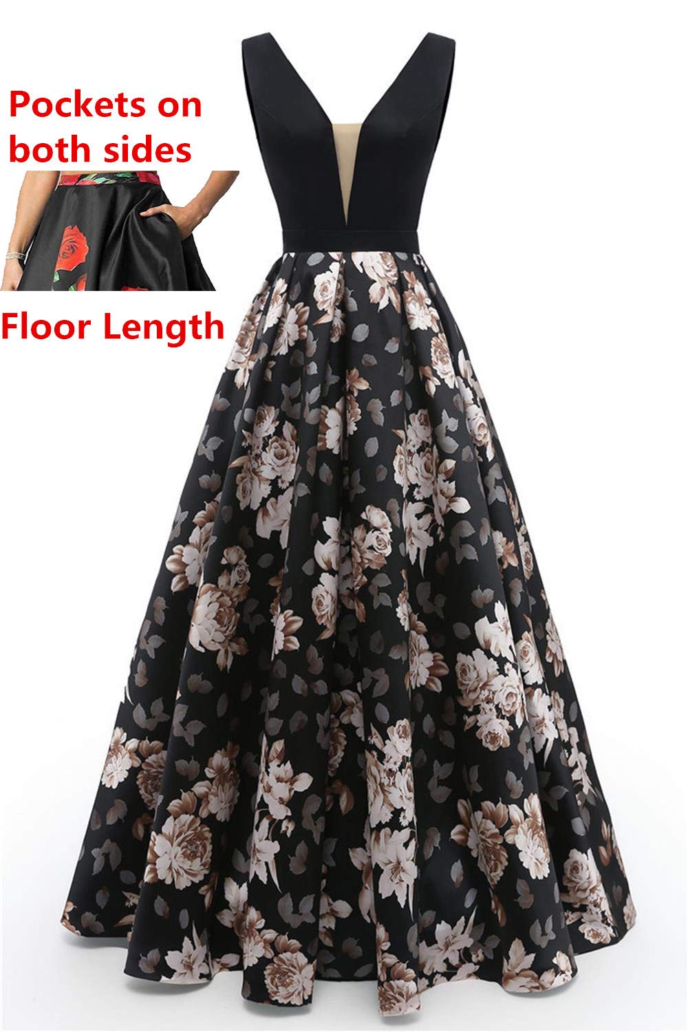 Elegant Chugu Women's Long Evening Prom Dress with Pockets - Floral Printed Formal Gown for Homecoming, Ball, and Special Occasions