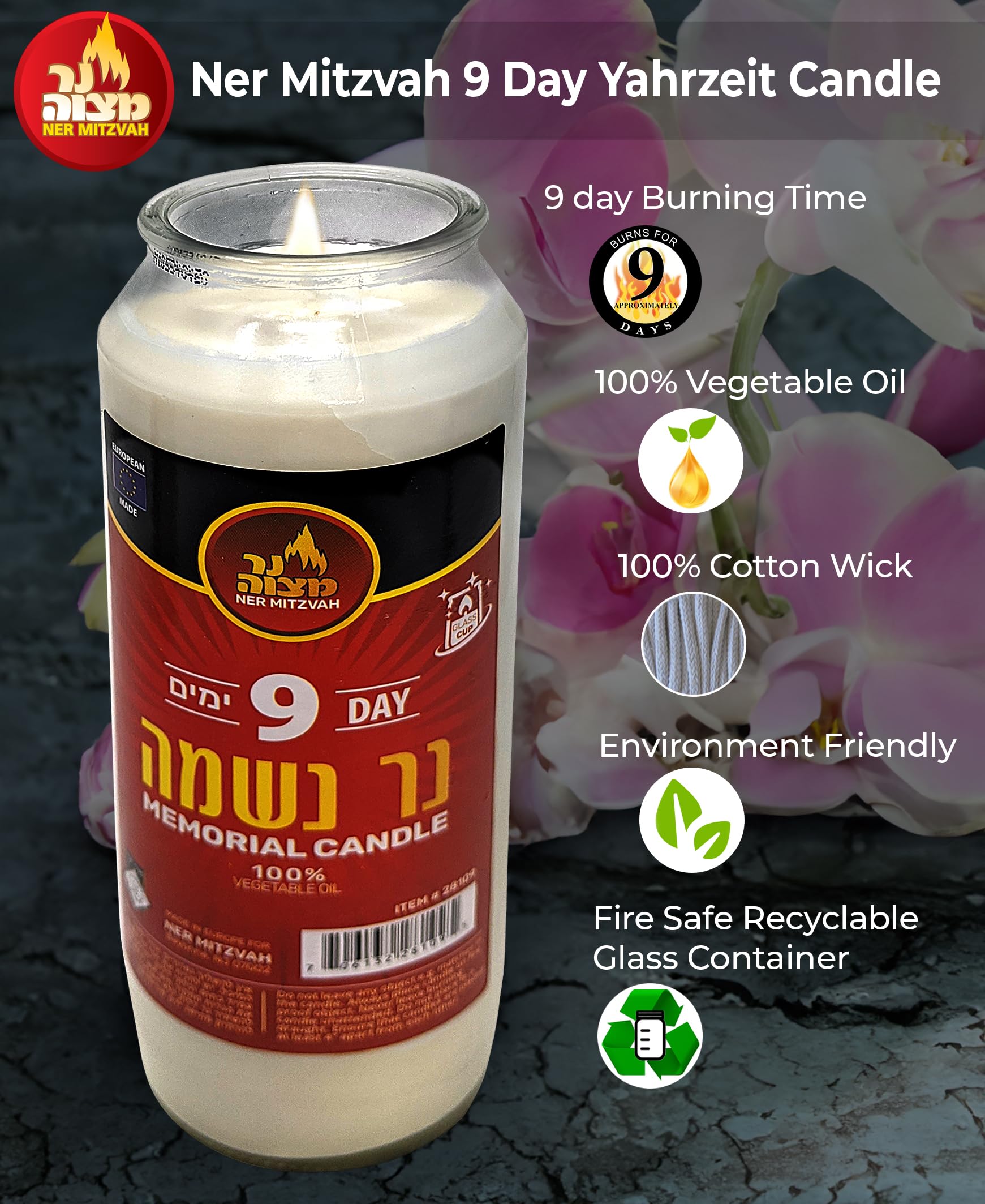 Kosher White Yahrzeit Memorial Candle - 9 Day Ner Mitzvah Candle in Glass Jar - 100% Vegetable Oil Wax Prayer Candle for Yom Kippur, Jewish Holidays & Memorial Services - Perfect for Synagogue, Home Worship & Remembrance Ceremonies