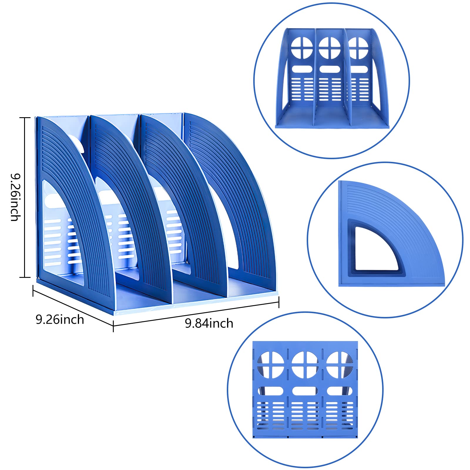 Sturdy Plastic Magazine File Holder - 3 Section Vertical Desktop Organizer for Books, Folders & Documents - Blue | Office, Home & School Storage Solution