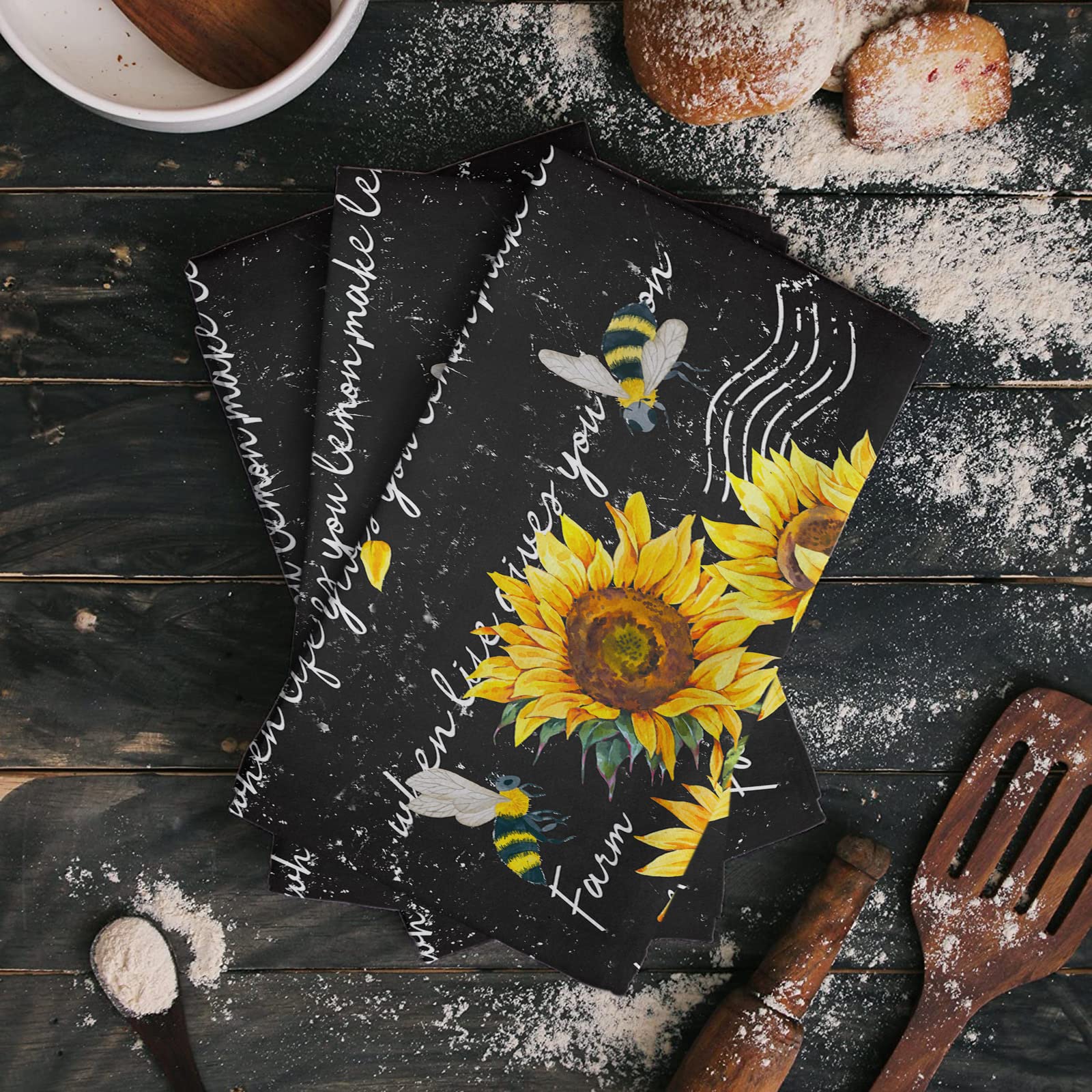 **Sunflower Kitchen Towels Set of 4 - Soft Absorbent Microfiber Dish Towels for Thanksgiving & Everyday Use - Yellow Buffalo Plaid Hand Towels for Kitchen & Bathroom - Fast Drying & Reusable - Perfect for Holiday Decor, Dish Drying & Hand Wiping**