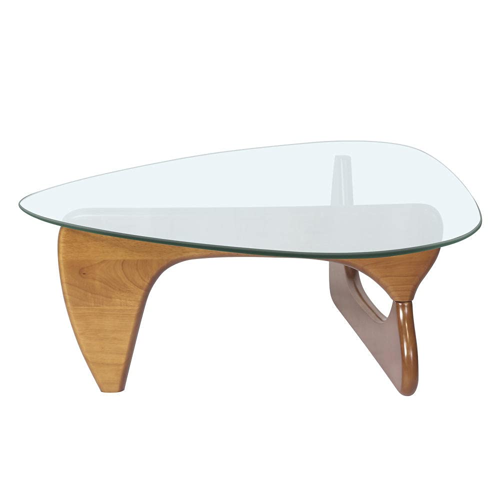 Vintage Noguchi Style Glass Coffee Table with Solid Wood Base & Triangle Clear Glass Top - Modern End Table for Living Room, Patio, Study (50x36x16 Inch) - Deep Wood Grain - Perfect for Small Spaces, Minimalist Decor & Contemporary Home Styling