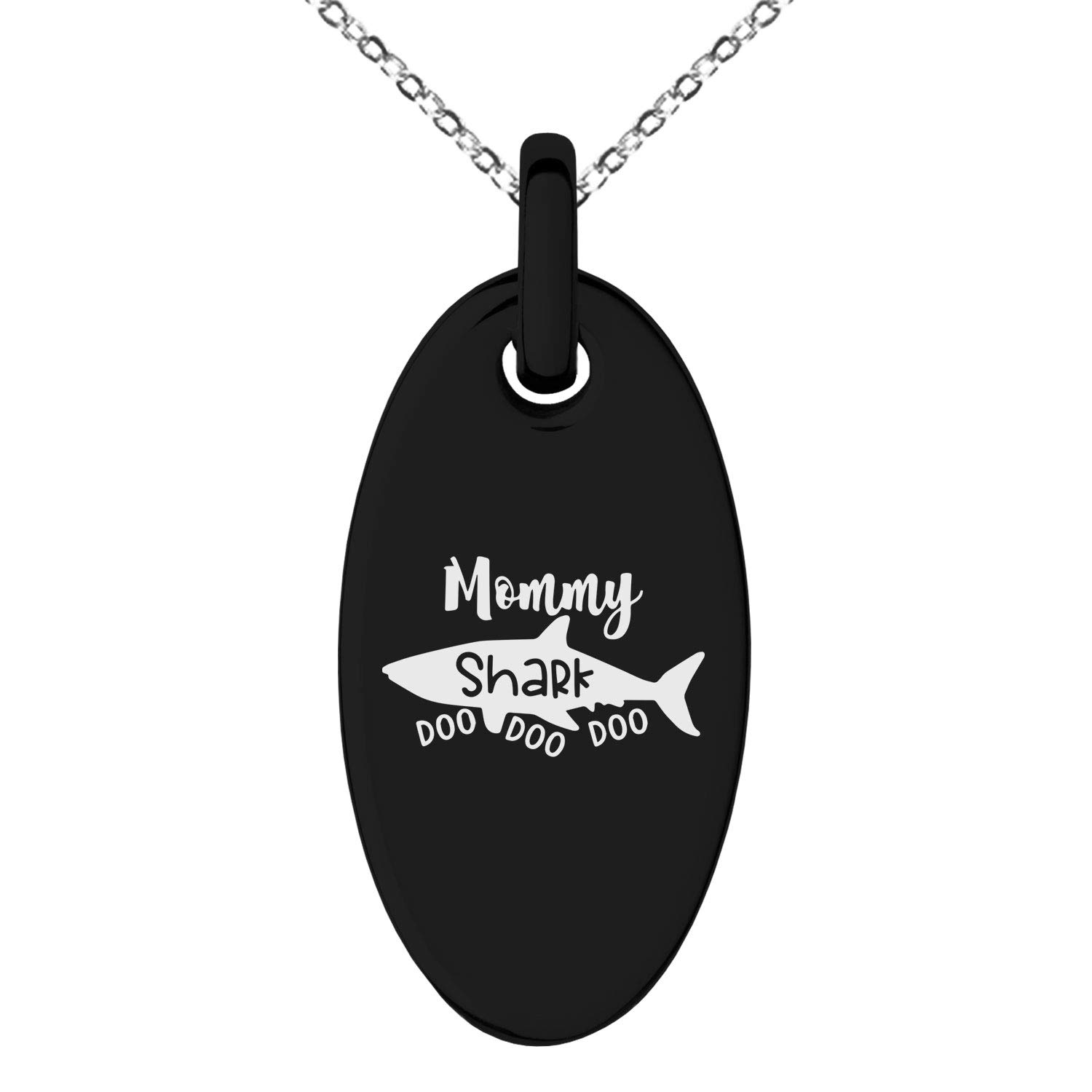 Stainless Steel Mommy Shark Small Oval Charm Pendant Necklace - Perfect for Mother's Day Gifts, Birthday Presents & Shark Lover Jewelry Collection